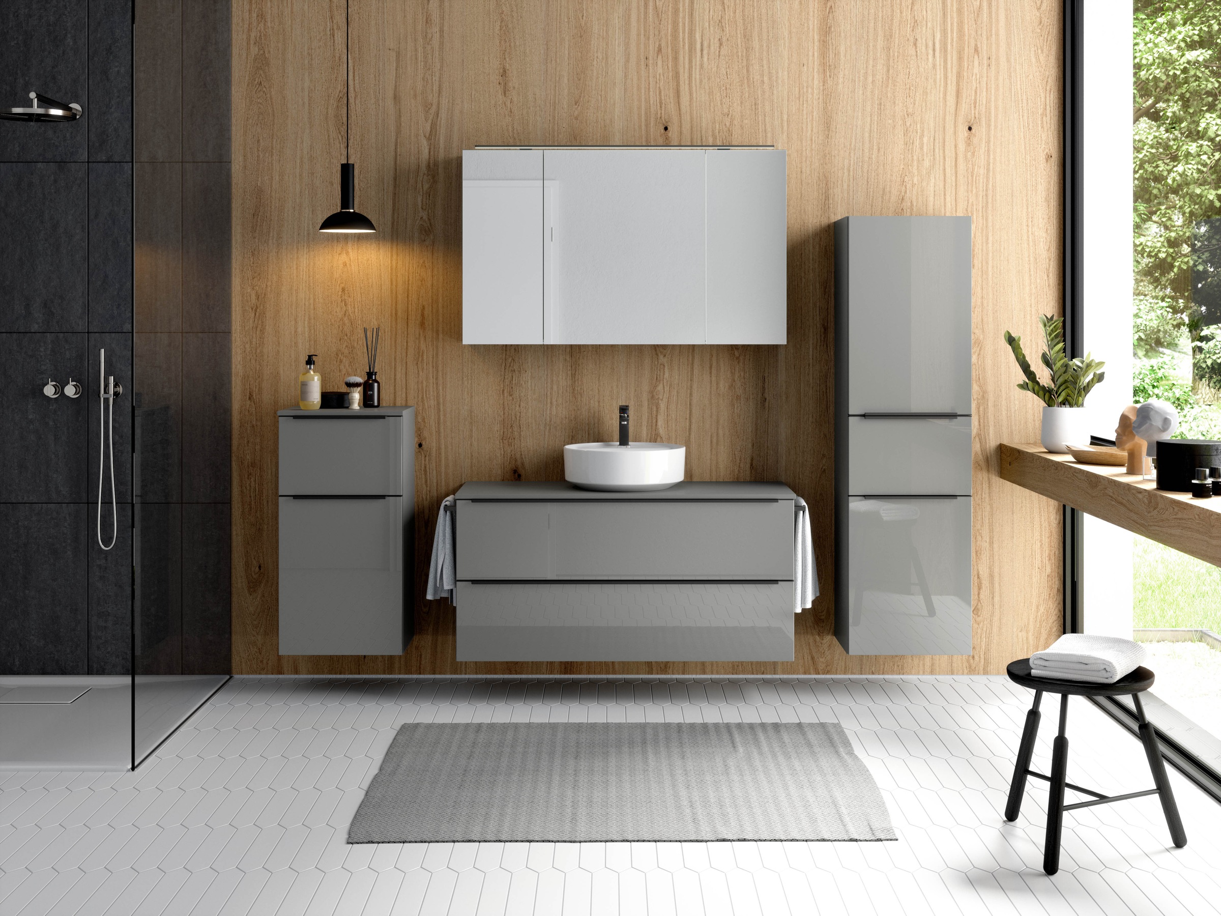 nobilia® Badmöbel-Set »Alvene«, (2 St., vormontiert, mit Soft-Close), inkl. Spiegelschrank mit Beleuchtung und Dimmerfunktion, in 4 Breiten