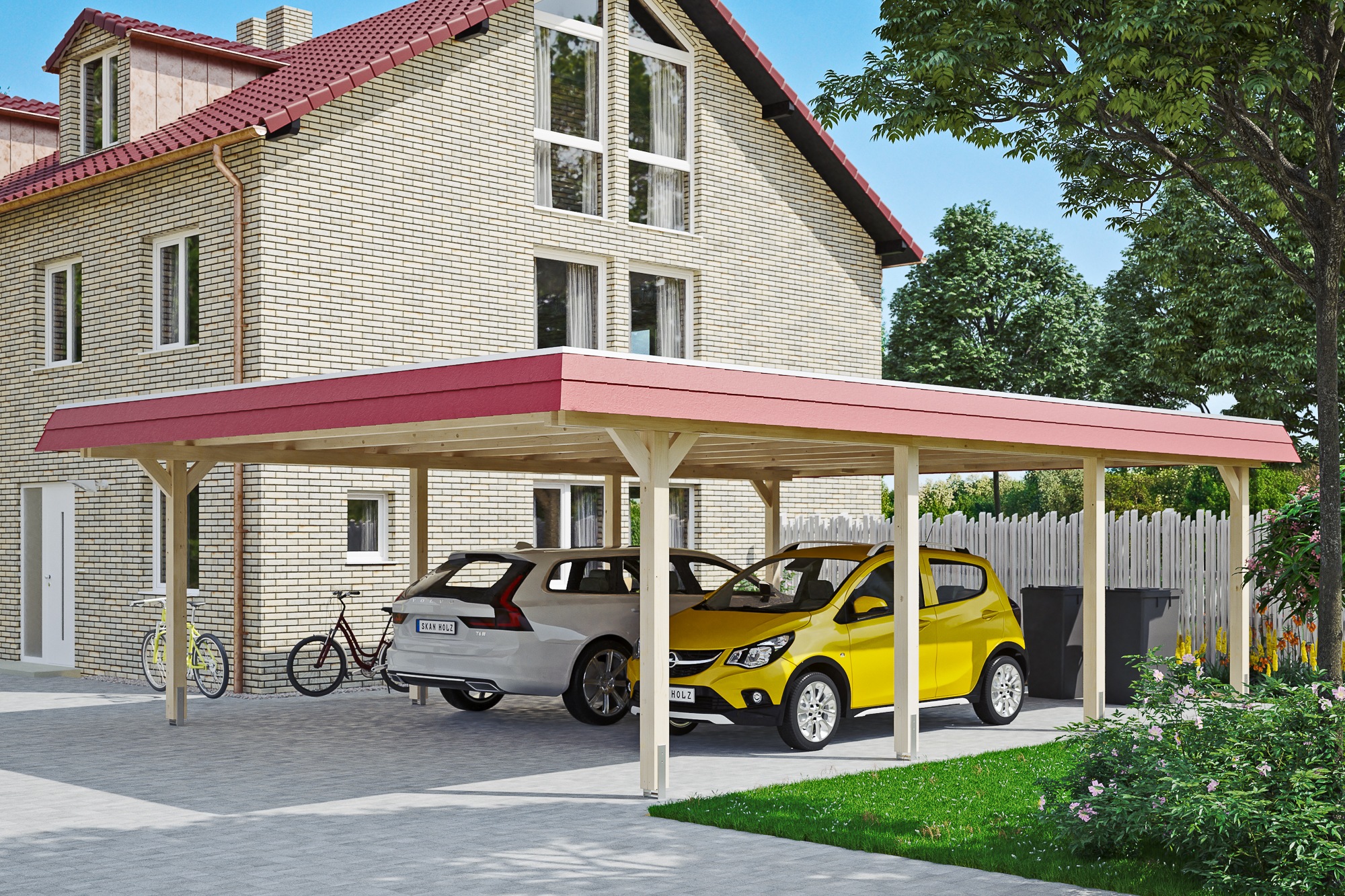 Skanholz Doppelcarport »Wendland«, 550 cm, Natur, mit Aluminiumdach, rote Blende