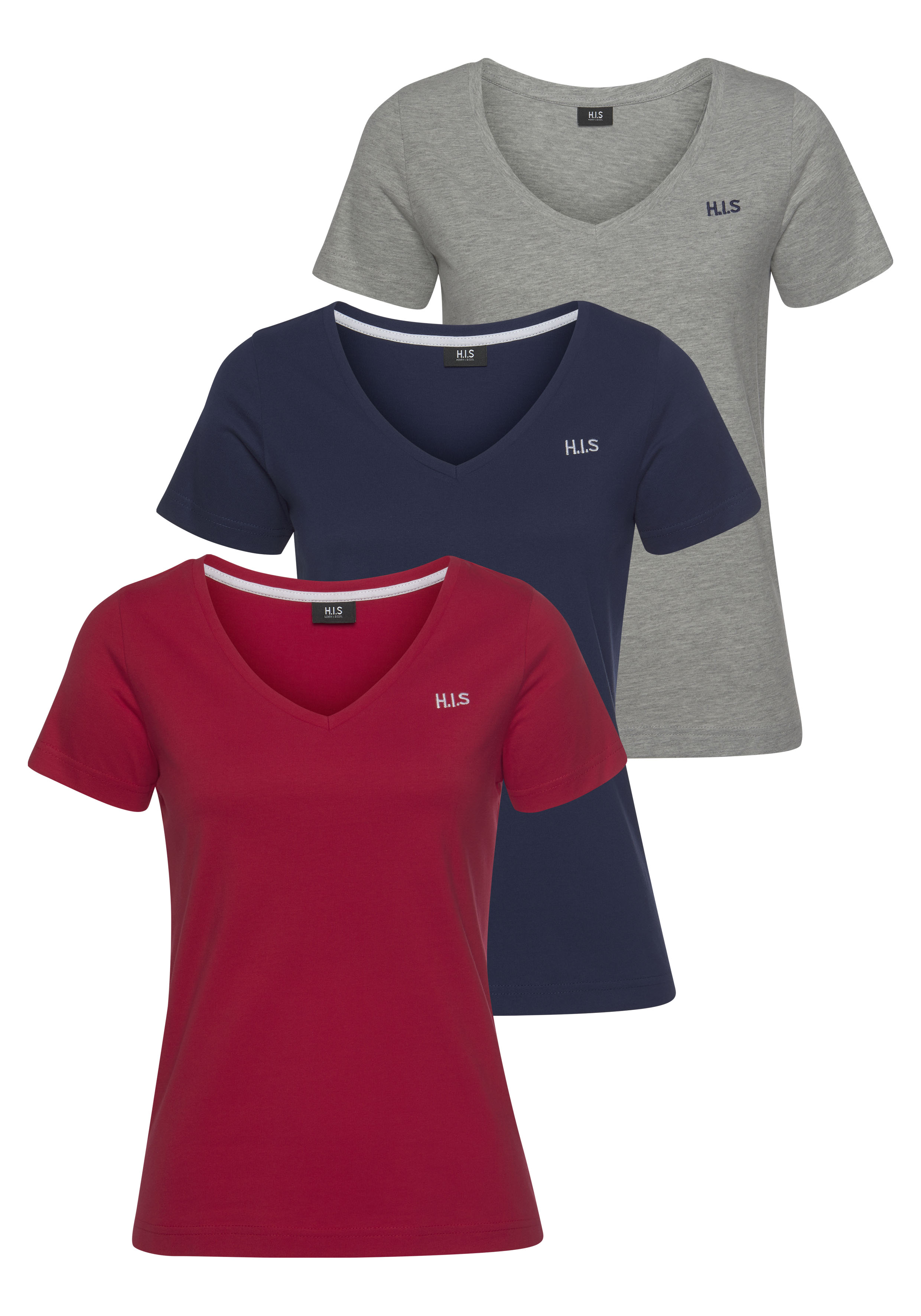 H.I.S T-Shirt "Essential-Basics vielseitig kombinierbar" 3er-Pack zum Vorteilspreis, lockerer Schnitt, 100% Baumwolle, vielen Farben & großen Größen