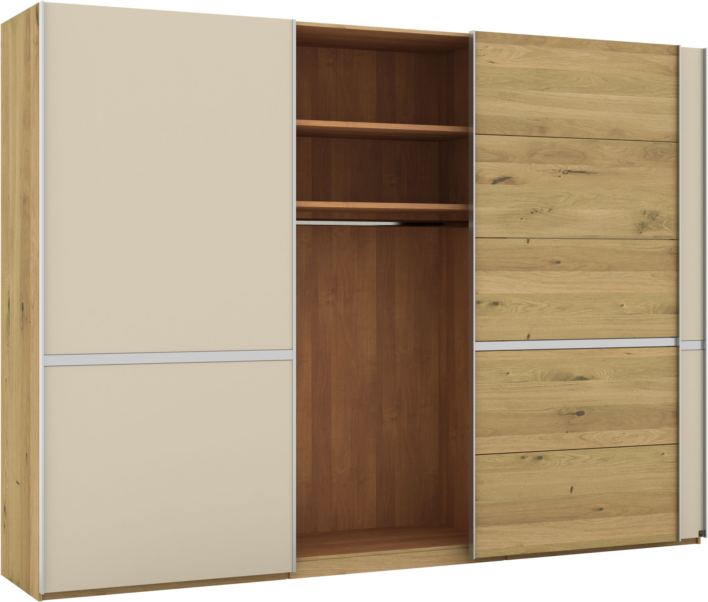 Musterring Schwebetürenschrank »Savona, Kleiderschrank, Schrank, Garderobe, mit Schiebetüren«, (Teilmassiv Bianco-Eiche, mit Spiegel oder Glas, MADE IN GERMANY), Türen Bianco-Eiche massiv, Spiegel-/Glastüren, eingelegte Chromleiste