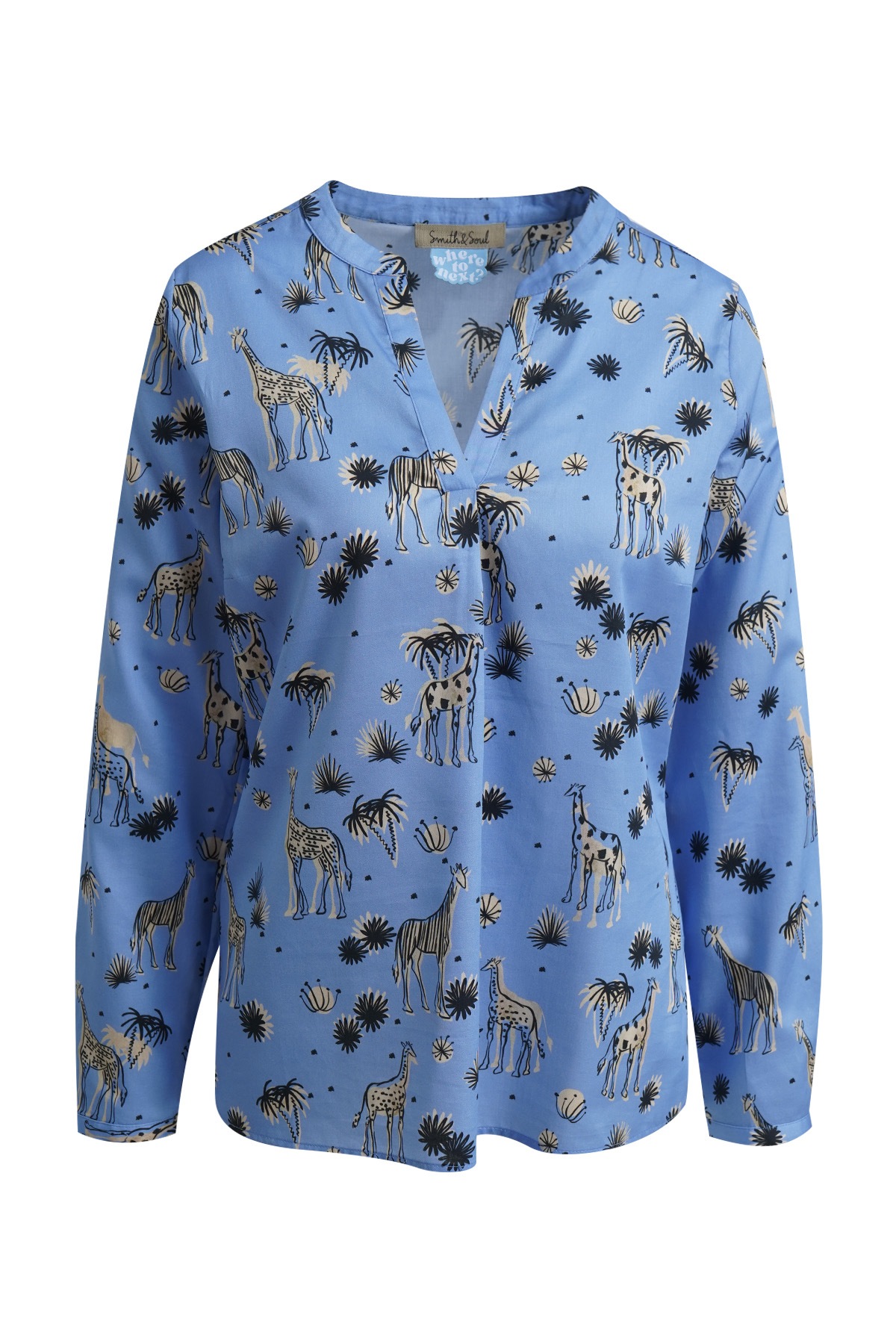 Langarmbluse SMITH & SOUL, Damen, Gr. XS, true blau print, Web, Obermaterial: 100% Baumwolle, gemustert, regular fit normal, V-Ausschnitt, 1-Knopf-Manschette mit Schlitz, Blusen, mit Allover-Print 3