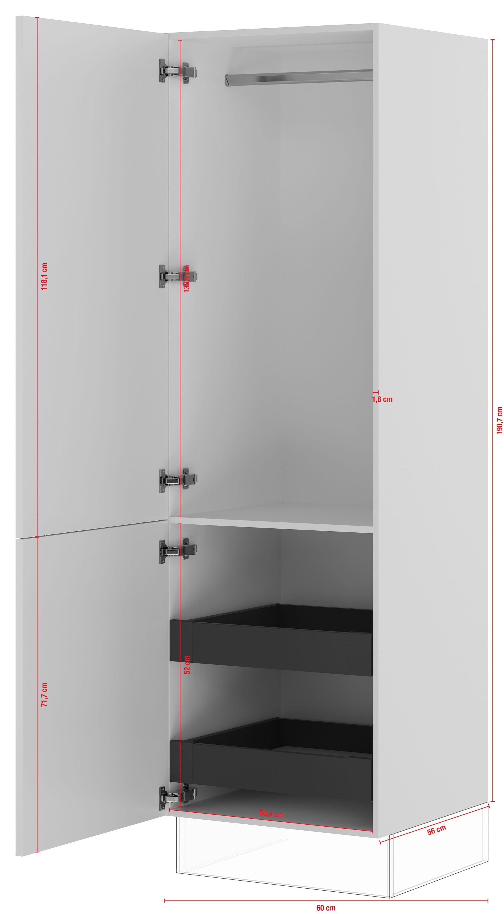 IMPULS KÜCHEN Seitenschrank »"Turin", Breite/Höhe: 60/190,7 cm, mit Kleiderstange«, vormontiert, mit Drehtür, mit Innenschubkästen