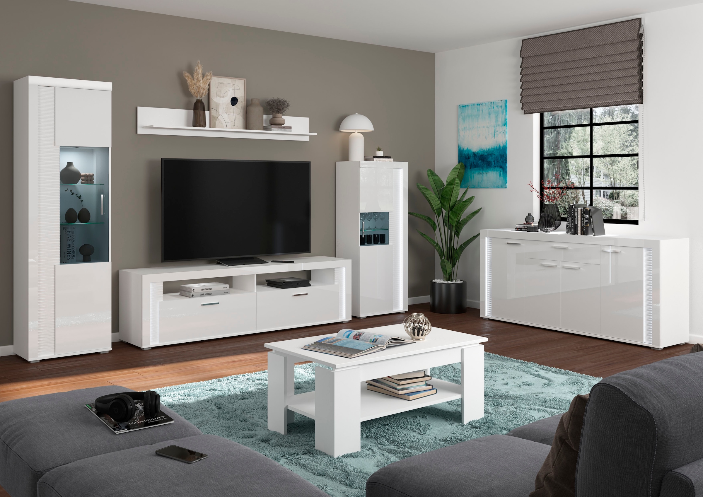 INOSIGN Wohnwand »Viborg, 4-teiliges Set, inkl. vertikaler Frontbeleuchtung, best. aus:«, (4 St.), 1x Vitrine hoch, 1 Lowboard, 1x Wandboard & 1 Vitrine halbhoch