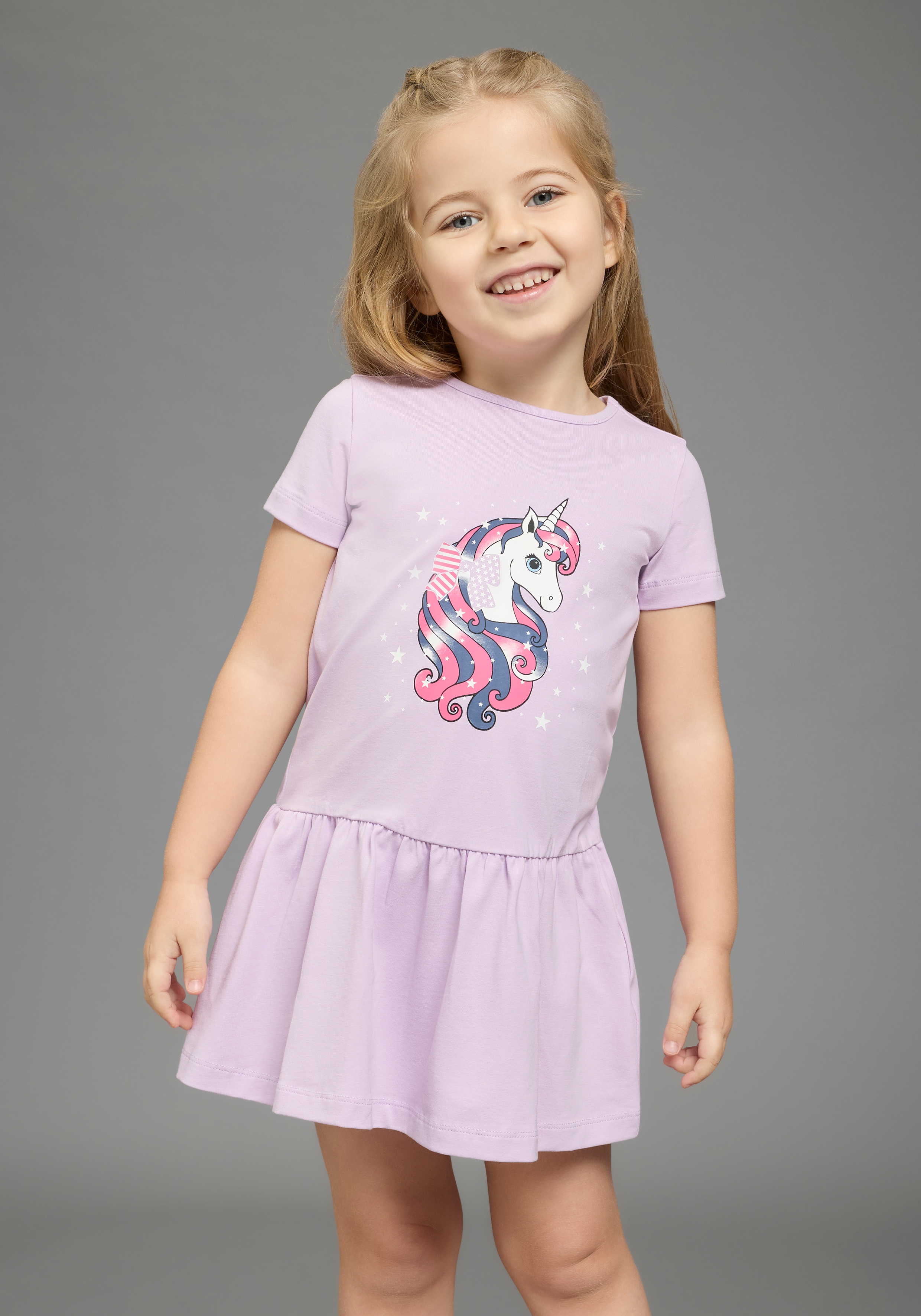 KIDSWORLD Jerseykleid "mit Einhorn" aus Baumwolle und Elasthan, kurzärmelig