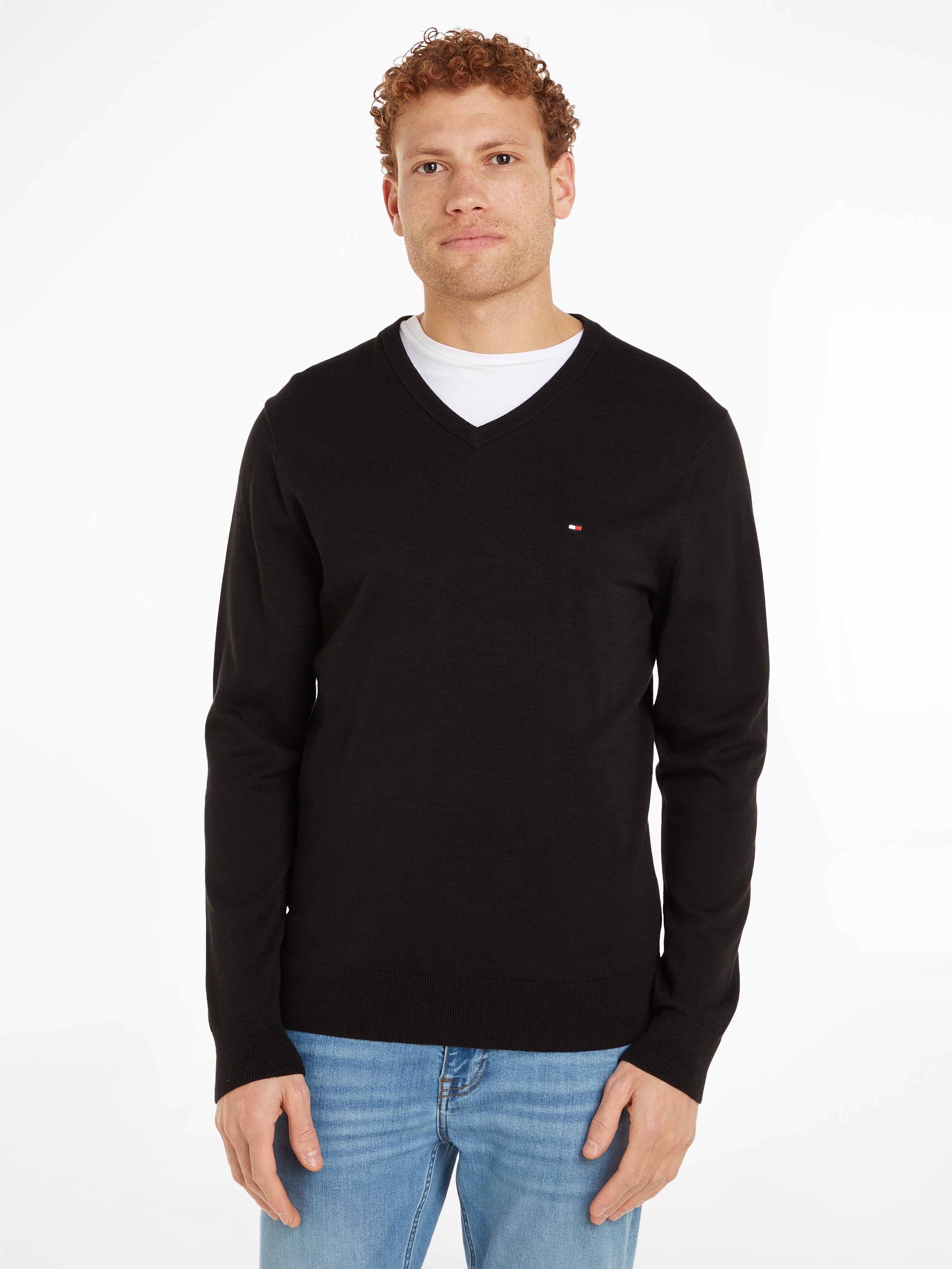 Thumbnail - Tommy Hilfiger Strickpullover "ESSENTIAL COTTON V NECK mit V-Ausschnitt und Stickerei" unifarben, casual, regular fit, B...