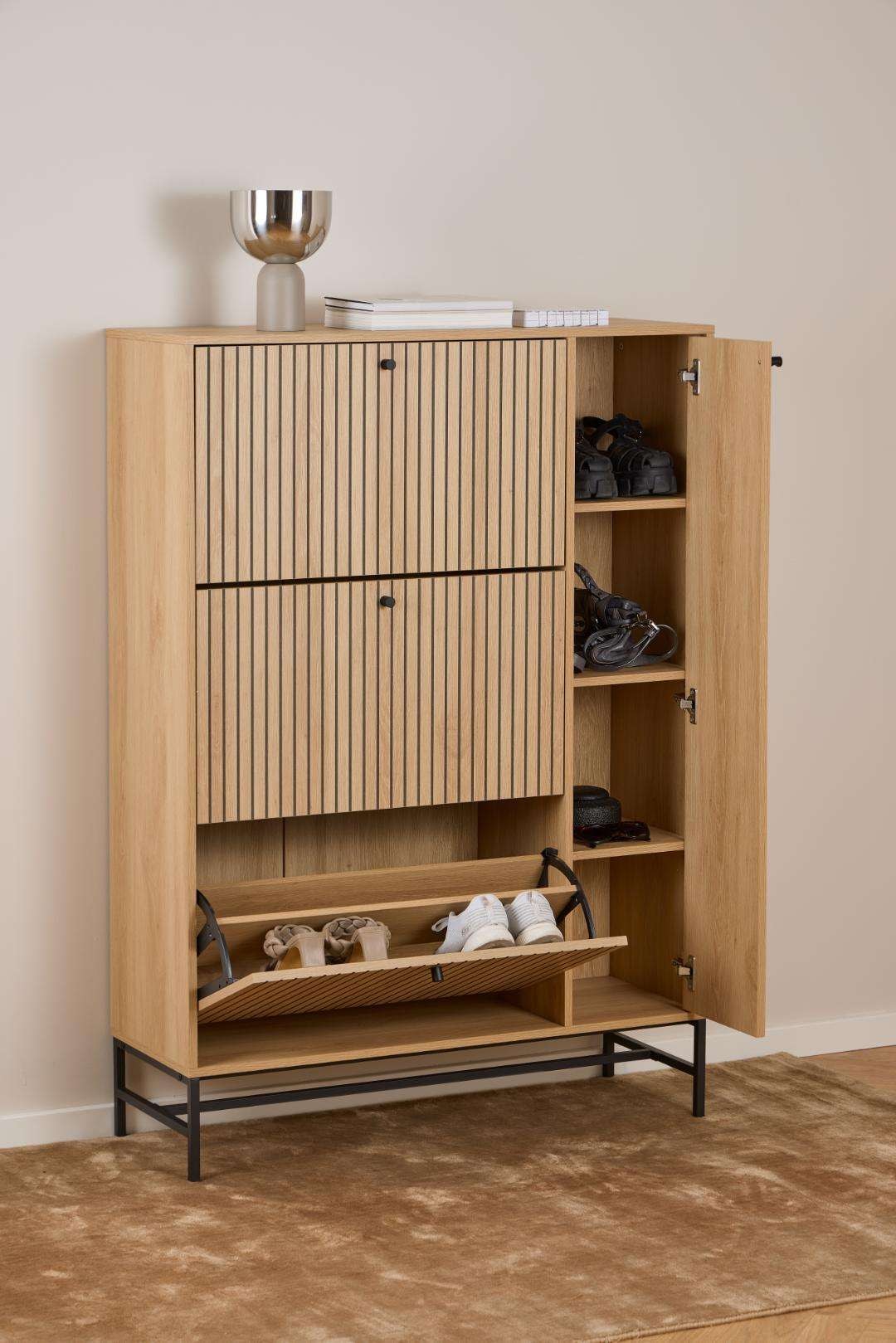 ACTONA GROUP Schuhschrank »Albany Schuhschrank – modernes Design & Stauraum mit Lamellenfront« Schuhmöbel mit 3 Fächern und extra Stauraum für Zubehör, B: 98,7 cm