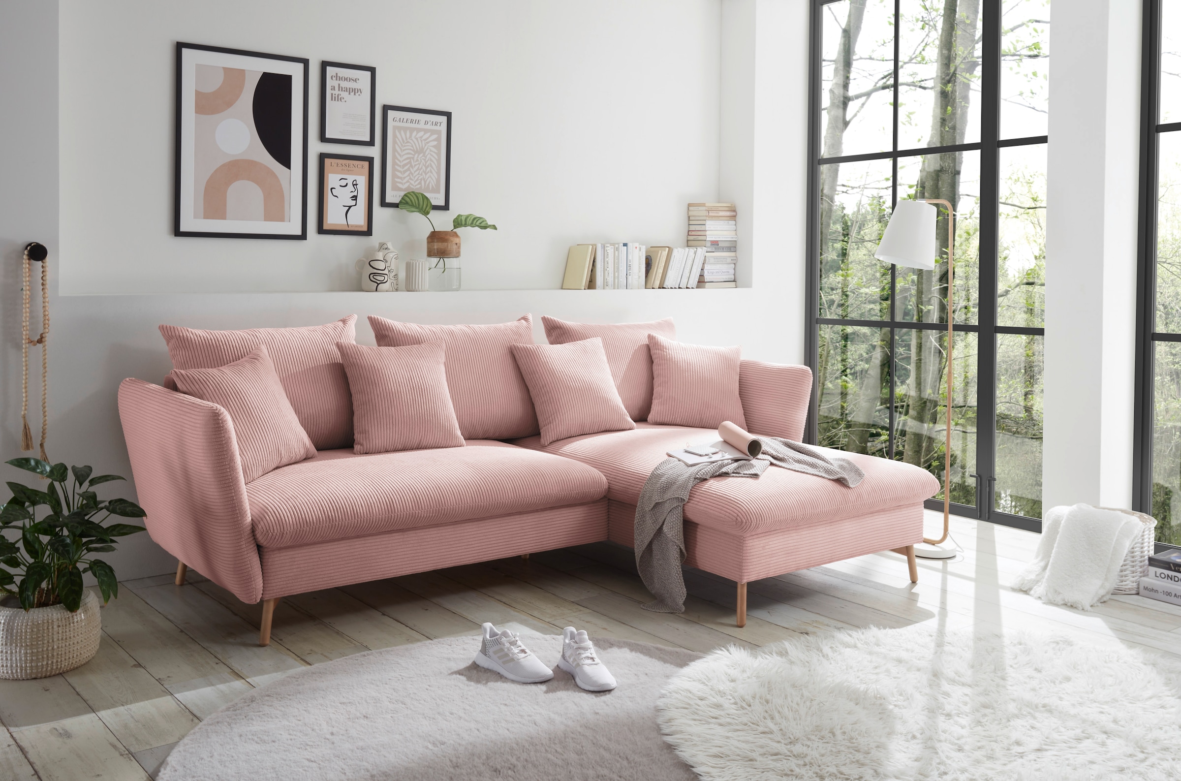 andas Ecksofa »MERLE, 258 cm, L-Form, traumhafter Cord,«, mit Bettfunktion und Bettkasten, Liegefläche 224 x 139