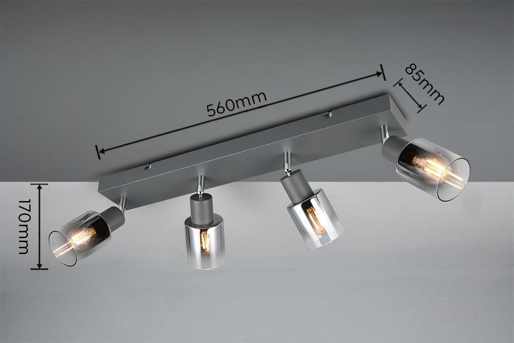 REALITY Leuchten Deckenstrahler »CADIZ, Spot 4-flammig, exkl 4xE14 max 10W, Glas anthrazit, verspiegelt«, 4 flammig, Leuchtmittel E14 | Leuchtmittel wechselbar, verstellbarer Deckenspot E14 Fassung, mit Glasschirm smoke Farbverlauf