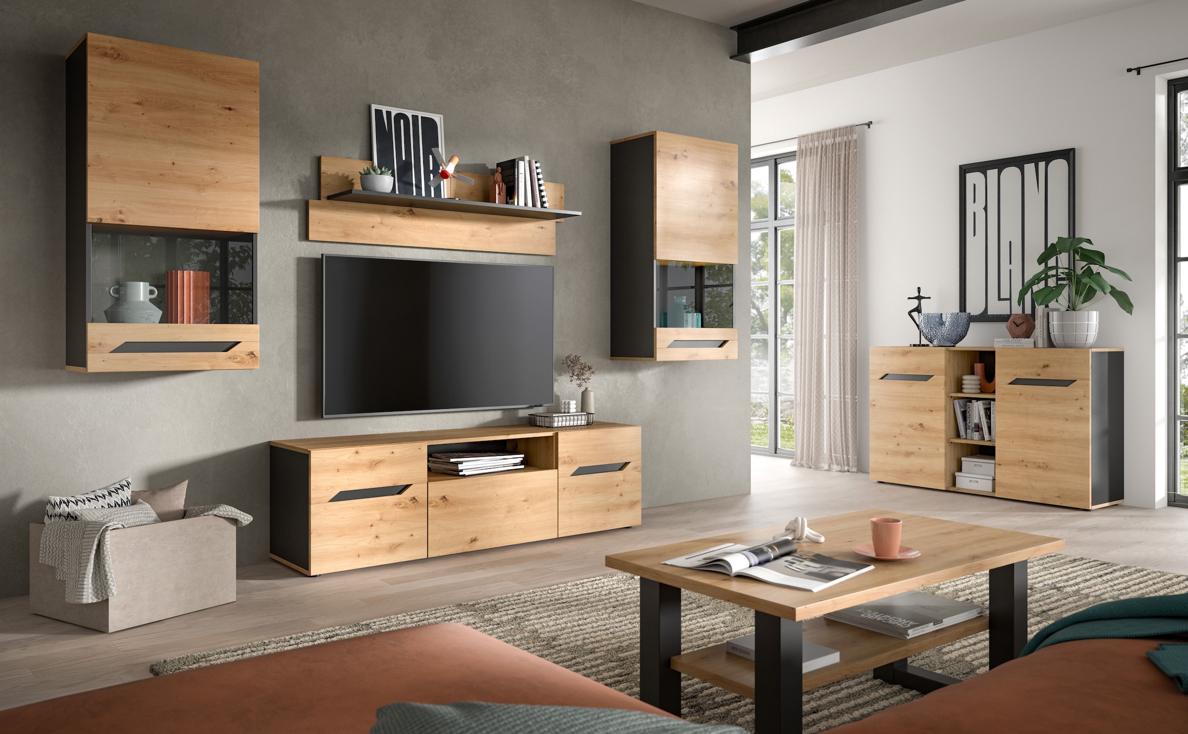 INOSIGN Wohnwand »SERTA, 4-teilig, best. aus: 2x Vitrine, 1x Lowboad & 1x Wandboard«, Anbauwand, Set, Möbelset, TV-Wand, Wohnzimmerset, Schrankwand