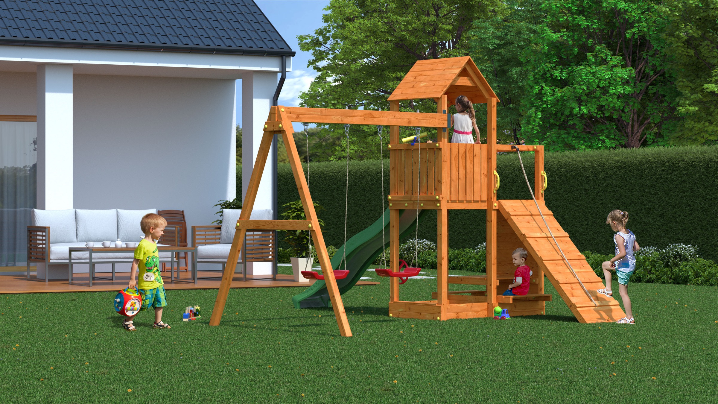 FUNGOO Spielturm »FLOPPI« mit Rutsche, Doppelschaukel, Kletterwand, Teleskop, Lenkrad