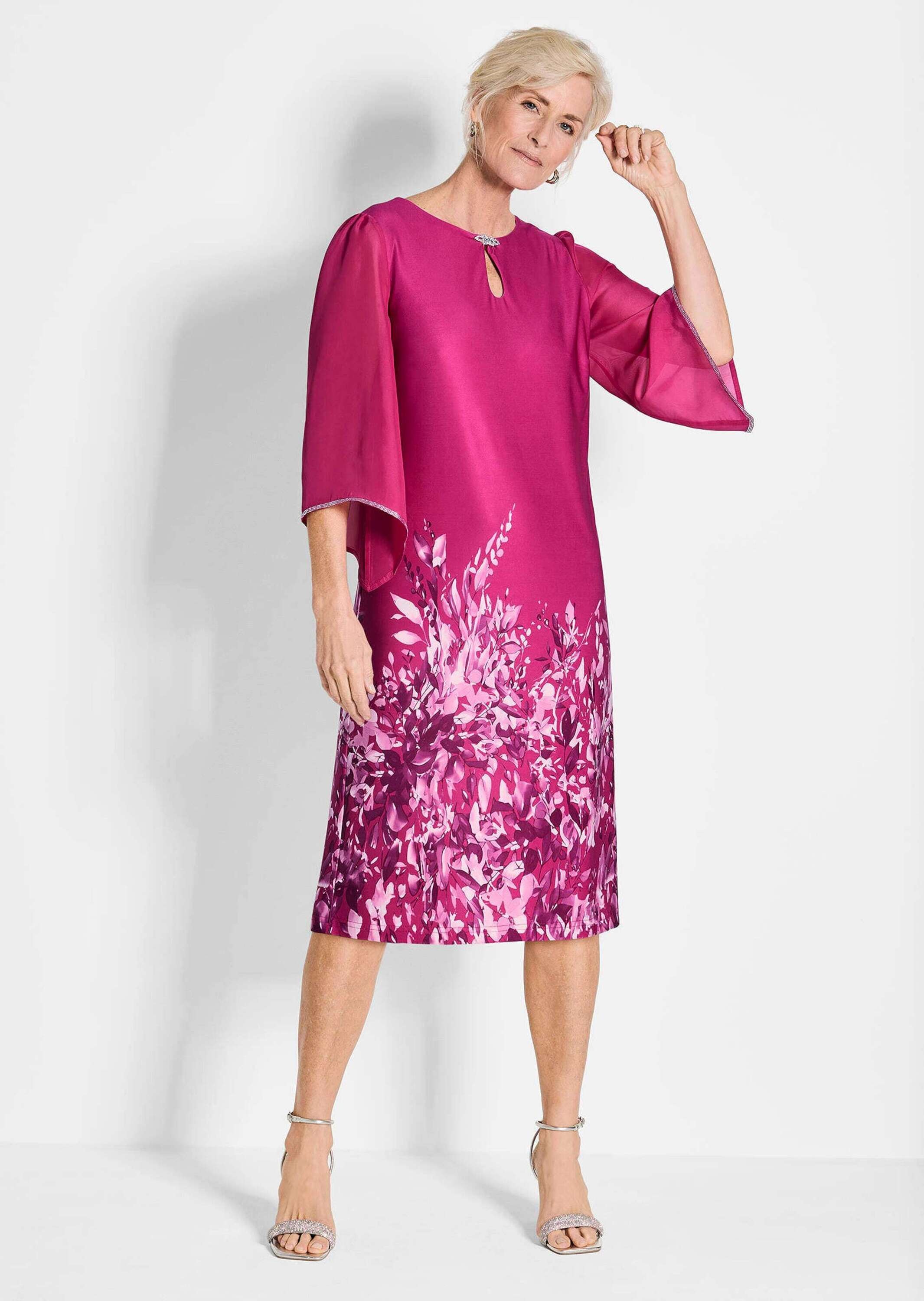 Thumbnail - GOLDNER Sommerkleid "Kurzgröße Pinkes edles Chiffon-Kleid mit 3/4-Arm" Glitzersteine