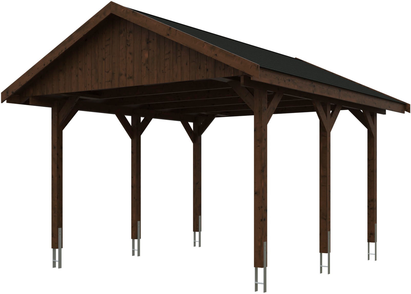 Skanholz Einzelcarport "Wallgau", Nadelholz, 340 cm, Nussbaum, mit schwarzen Dachschindeln