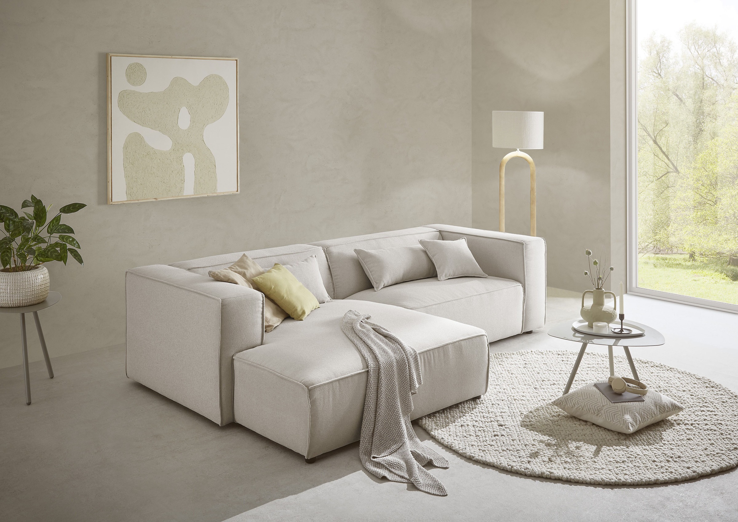 LeGer Home by Lena Gercke Ecksofa »PIARA mit Kedernaht in Cord oder Leinenoptik, moderne Couch in L-Form«, wahlweise Ottomane rechts/links, schwarze Füße, bequemer Sitzkomfort