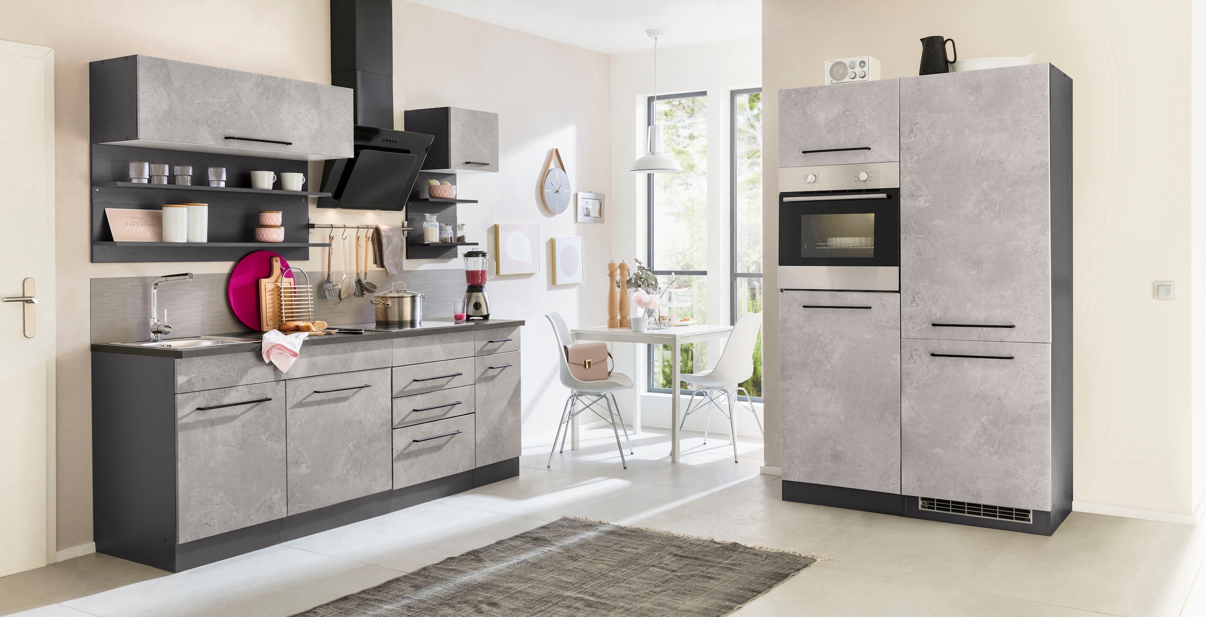 KOCHSTATION Küchenzeile »KS-Tulsa«, mit E-Geräten, Breite 330 cm, schwarze Metallgriffe, MDF Fronten