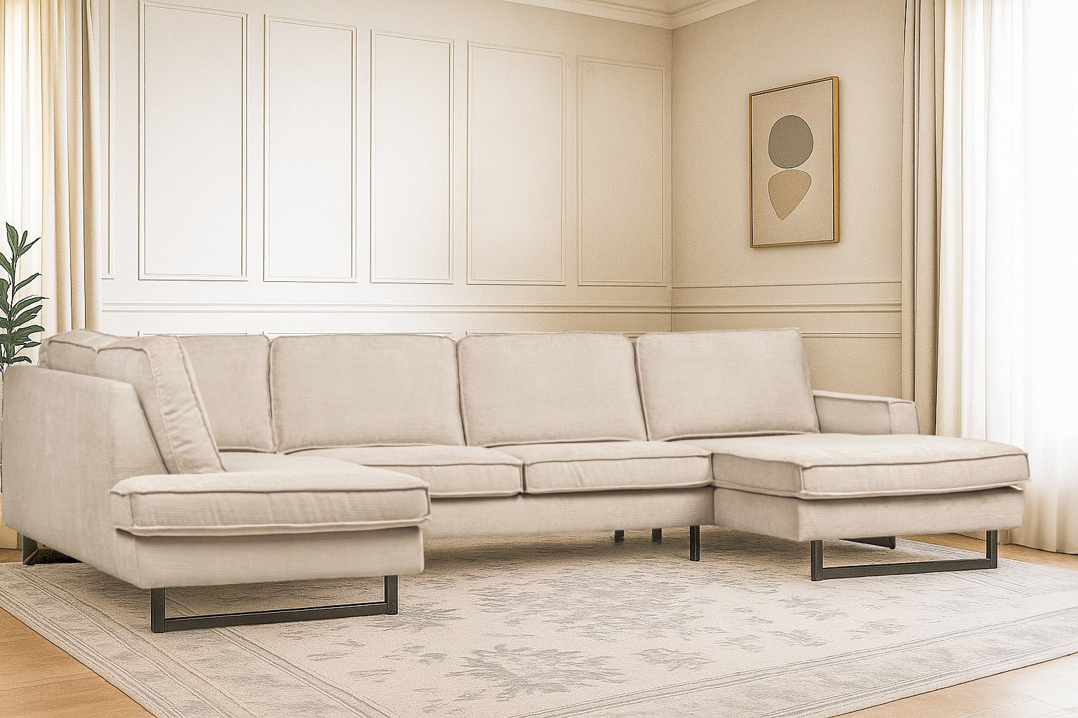 OTTO home Wohnlandschaft "Pinto, 350 cm, U-Form, XXL, mit Ottomanen" Cord, Chenille, Lederoptik, mit Keder, Metallfüße, Wellenunterfederung