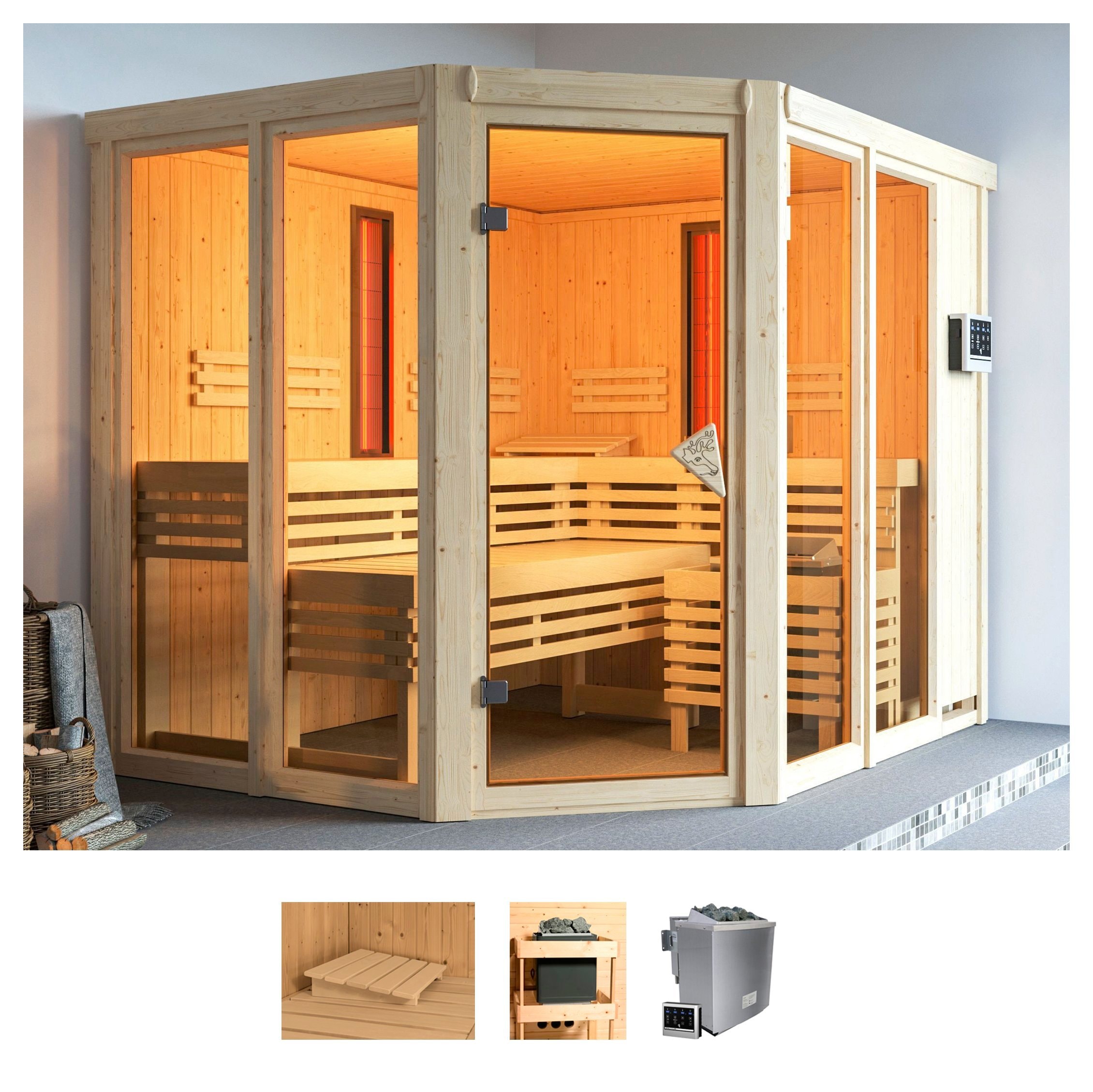 Karibu Sauna "Avril" Set, Ofen 9 kW Bio externe Strg easy