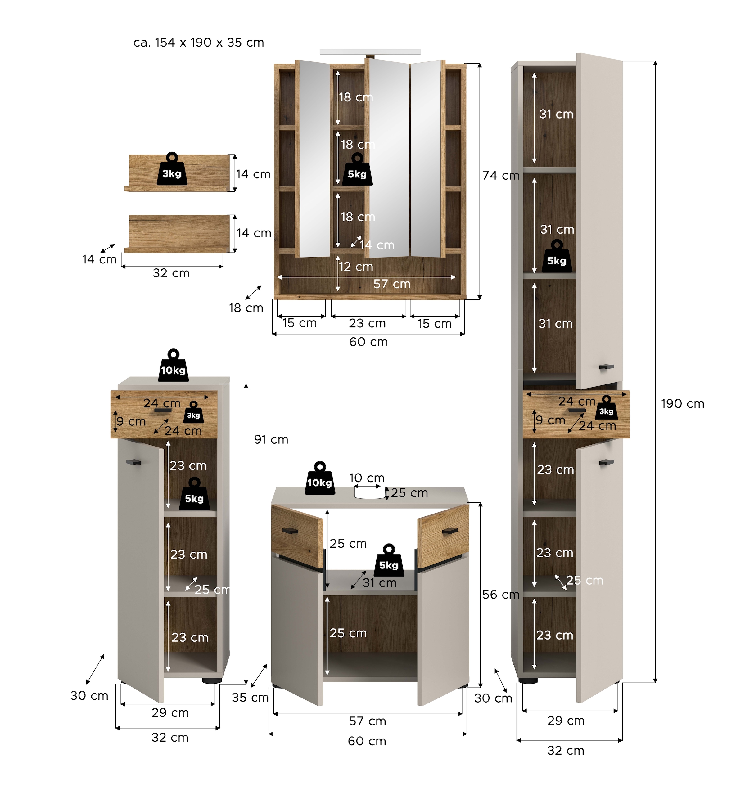 welltime Badmöbel-Set »VANN, 6-teilige moderne Badkombination, inkl. Beleuchtung« Midischrank, 2er Set Wandregal, WBU, Spiegelschrank, Hochschrank, 6 Stk. tlg.