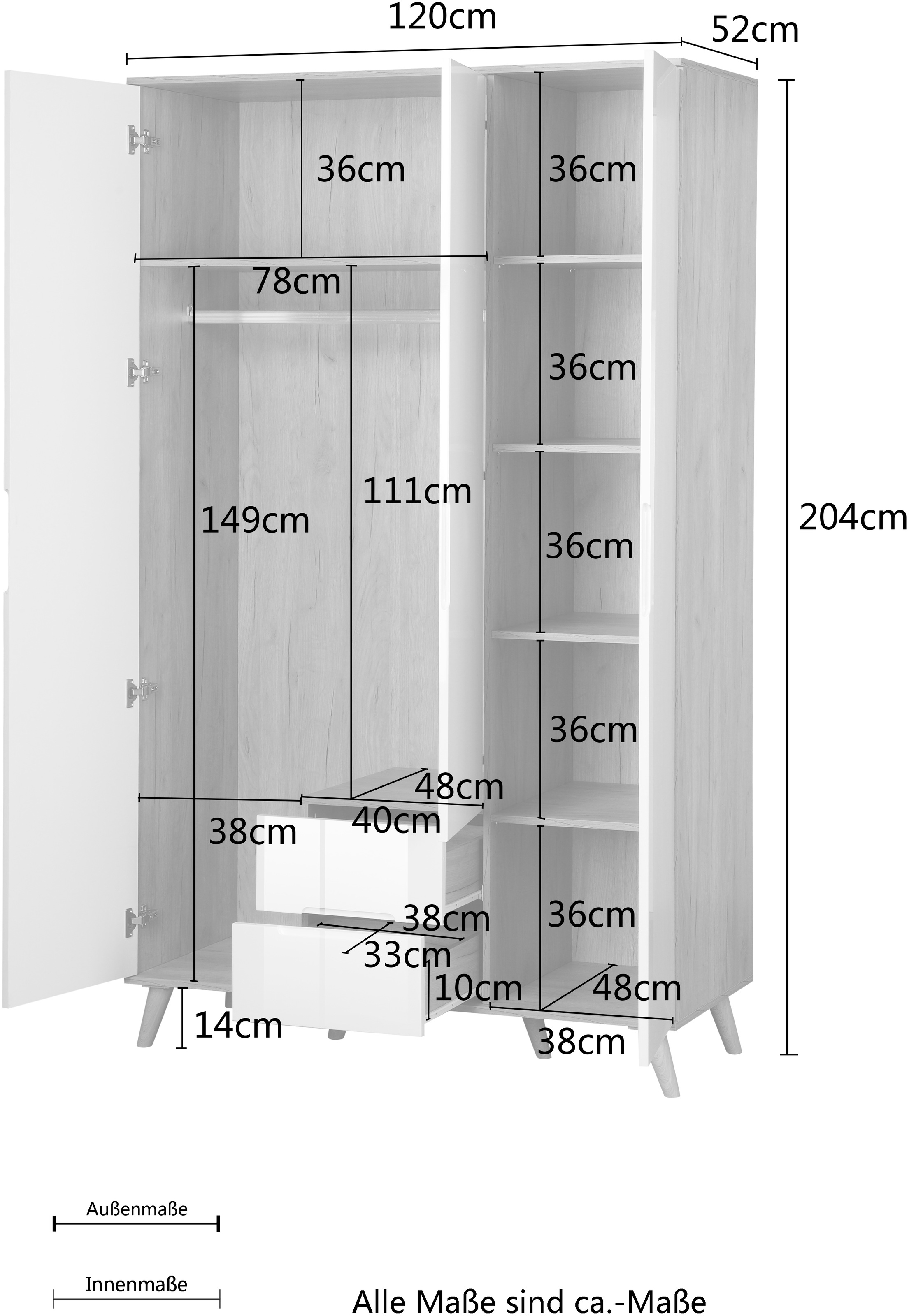 andas Kleiderschrank »Lund Schlafzimmerschrank Bestseller im skandinavischem Design«, Garderobenschrank mit Premium Innenausstattung, Breite 120cm