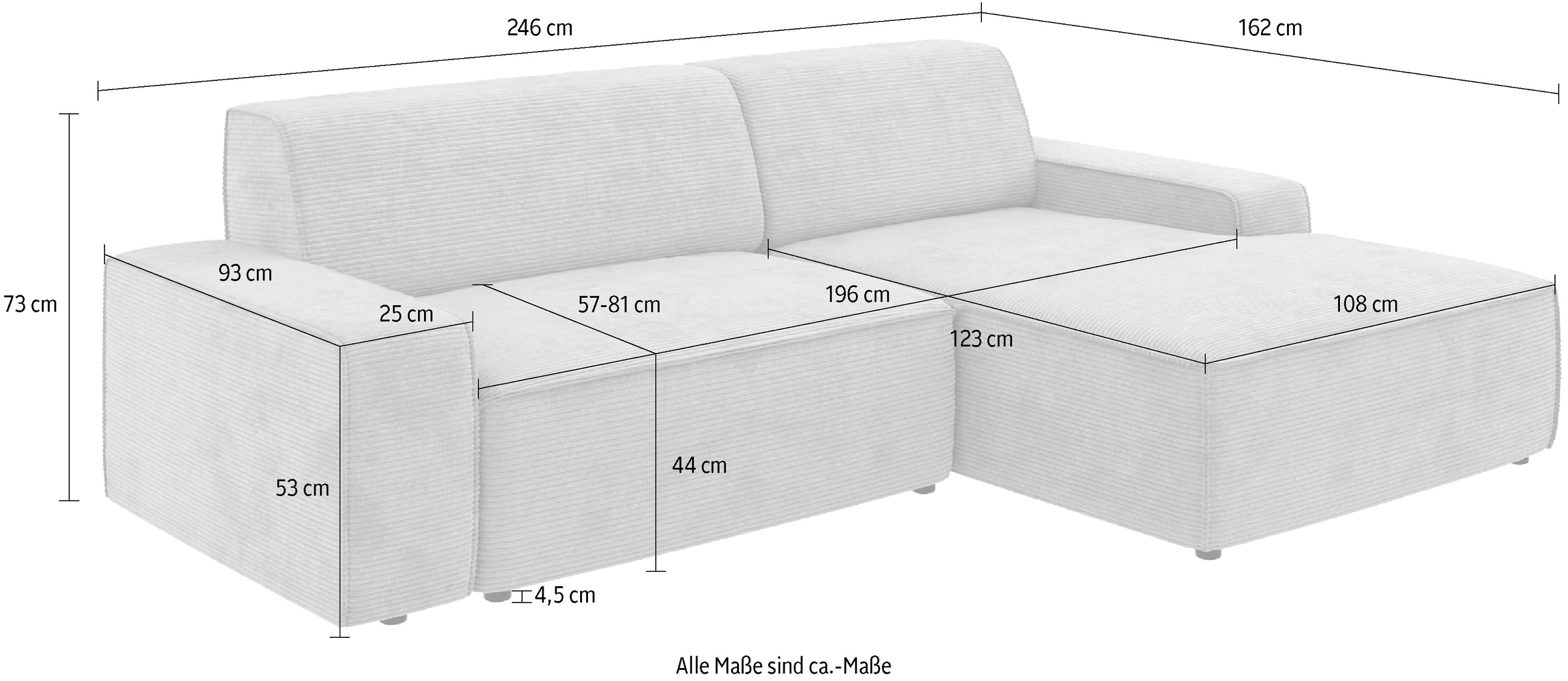 TRENDMANUFAKTUR Ecksofa »Graz, wahlweise mit Sitzvorschub und Bettkasten, L-Form, Breite 246 cm«, in Cord-, haustierfreundlichem LEO Struktur- oder LUMOS-3D-Bezug