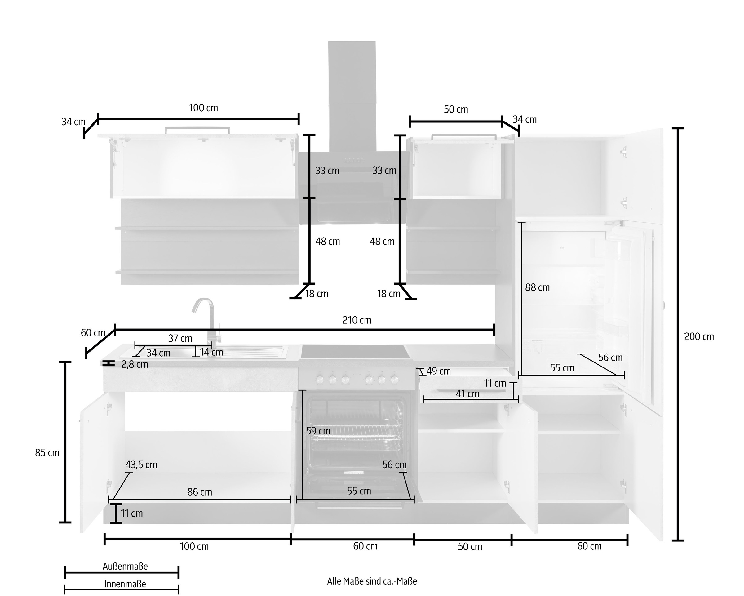 KOCHSTATION Küchenzeile »KS-Tulsa«, mit E-Geräten, Breite 270 cm, schwarze Metallgriffe, MDF Fronten