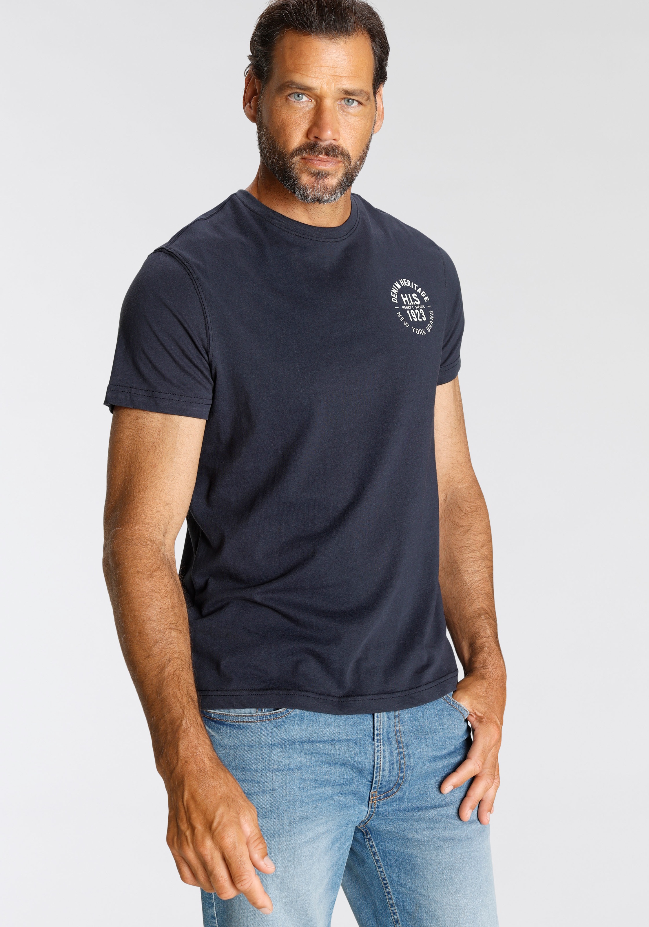 T-Shirt H.I.S, Herren, Gr. 5XL (72/74), bordeaux, navy, beige, Single Jersey, Obermaterial: 100% Baumwolle, bedruckt, schmal, Rundhals, gerader Abschluss, Shirts T-Shirt, schmal geschnitten, bedrucktes Design, aus 100% Baumwolle 3