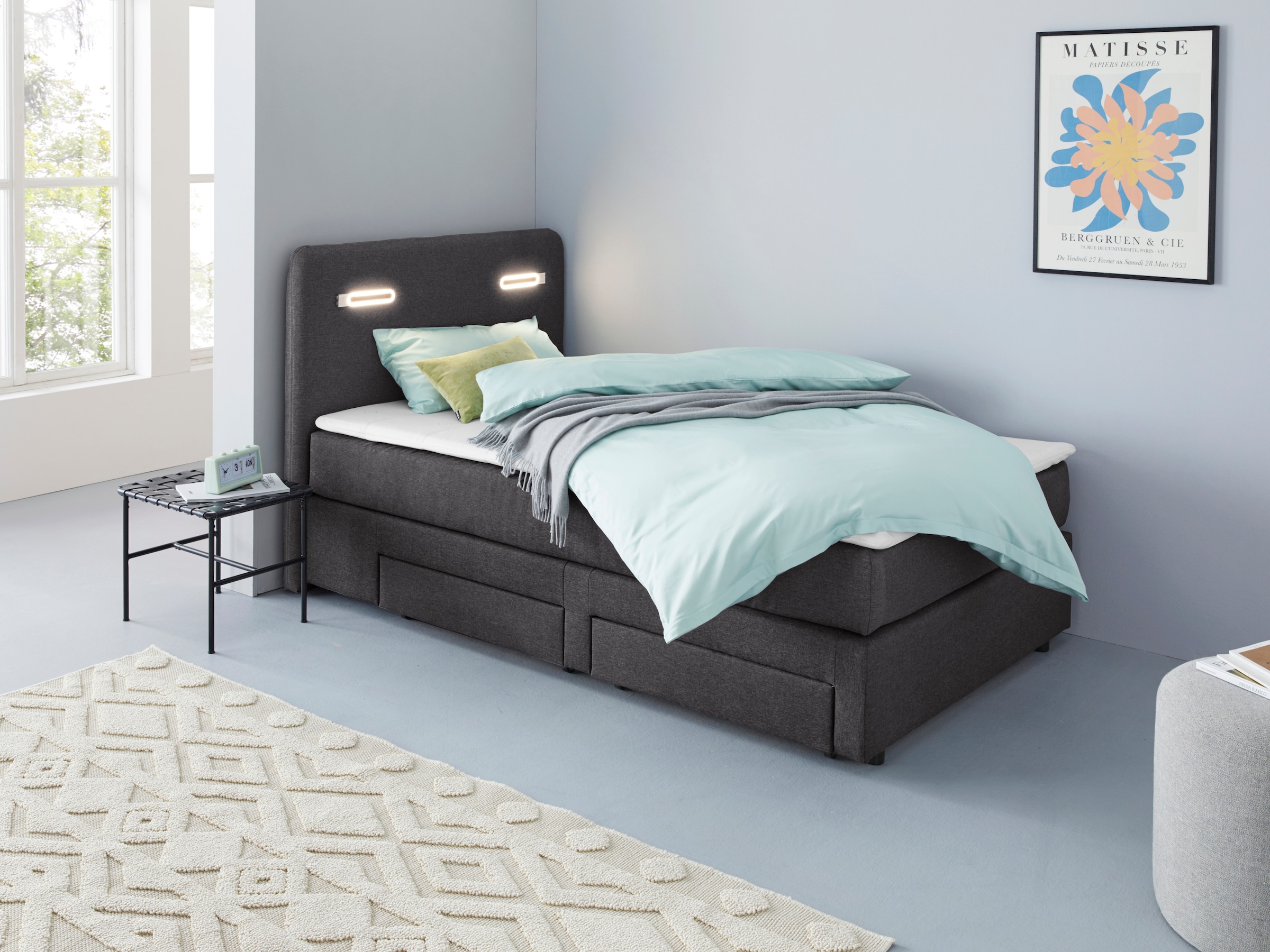 Boxbett HOME AFFAIRE "Luan", grau (anthrazit), B:127cm L:211cm, Komplettbetten, Boxspringbett, Schubkästen, LED-Beleuchtung und Topper, in Breite 120 cm und 180 cm 7
