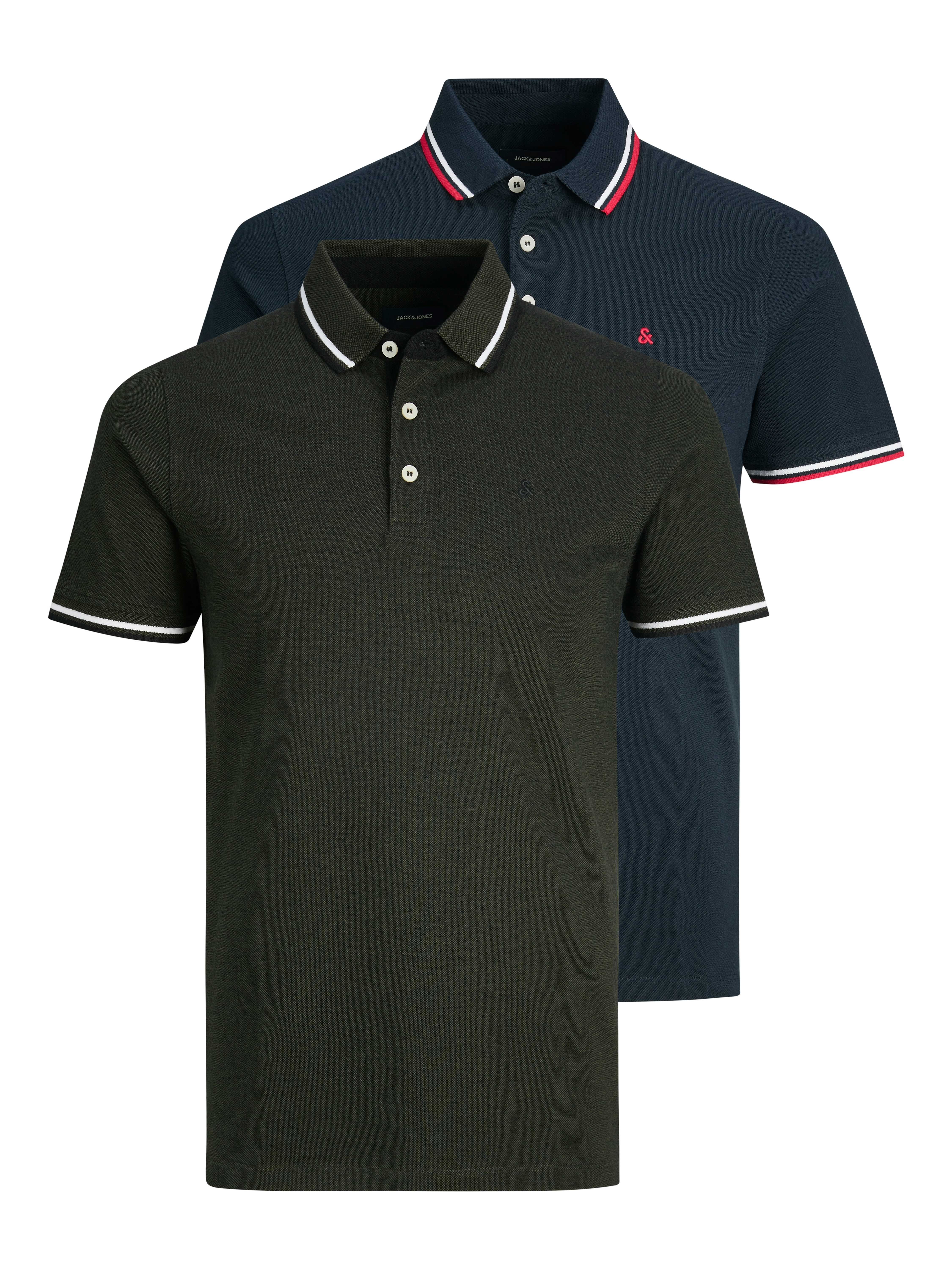 Jack & Jones Poloshirt "JJEPAULOS im Doppelpack mit Logostickerei und Komfort" Packung, 2er-Pack, 2 unifarben mit Farbeinsatz, modisch, schmal, Baumwolle, Polokragen