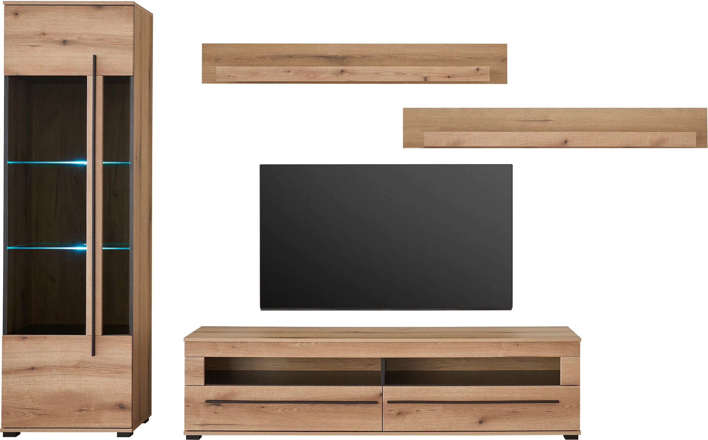 INOSIGN Wohnwand »Cantara, moderne Anbauwand, Wohnzimmer-Set, in Eiche Evoke oder Weiß«, (Set), enthält eine Vitrine, ein Lowboard und zwei Wandboards