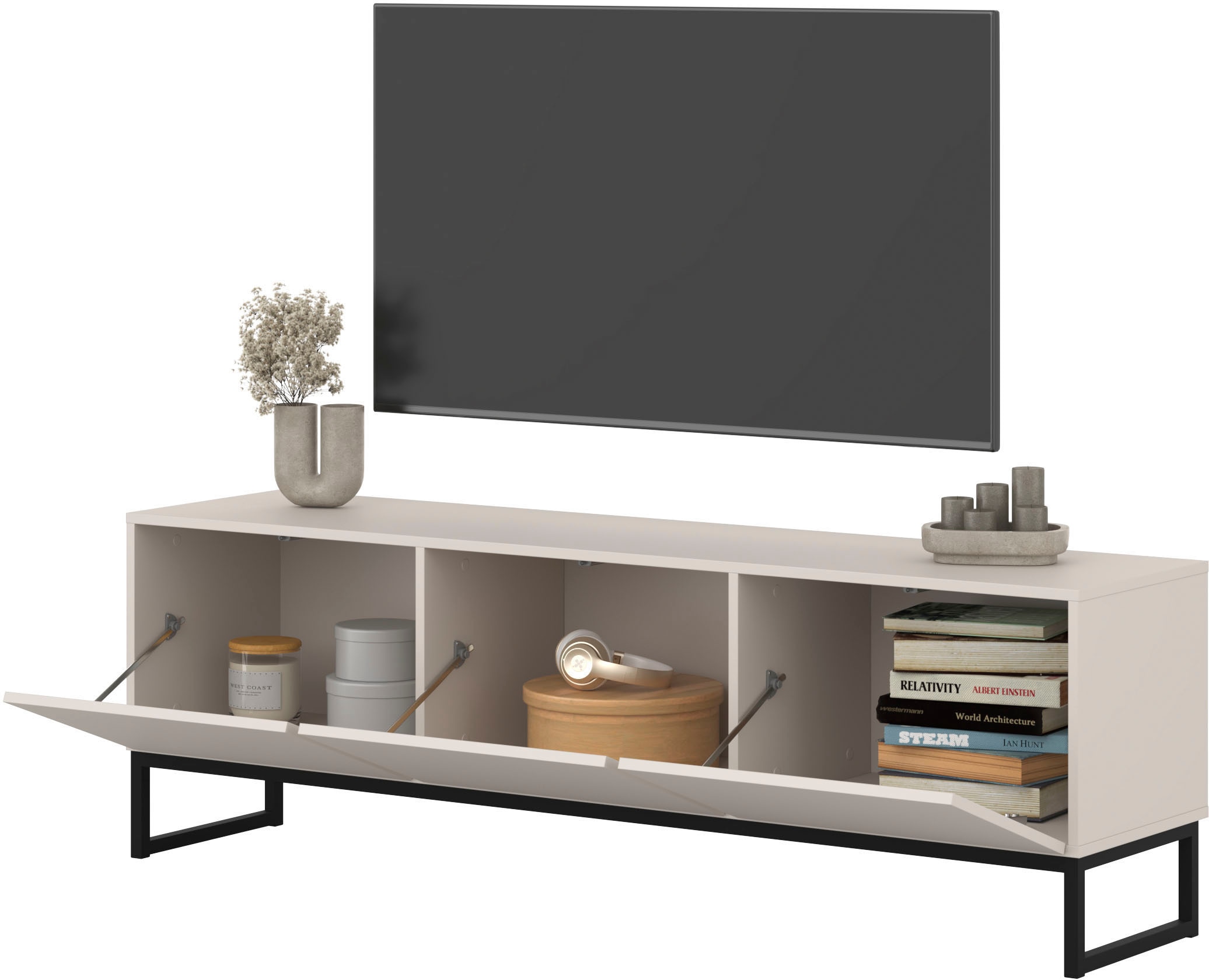 OTTO home Lowboard »Loft, Breite 157 cm, TV-Board 3 Klappen, Metallkufen« TV-Kommode mit viel Stauraum, push-to-open-Funktion