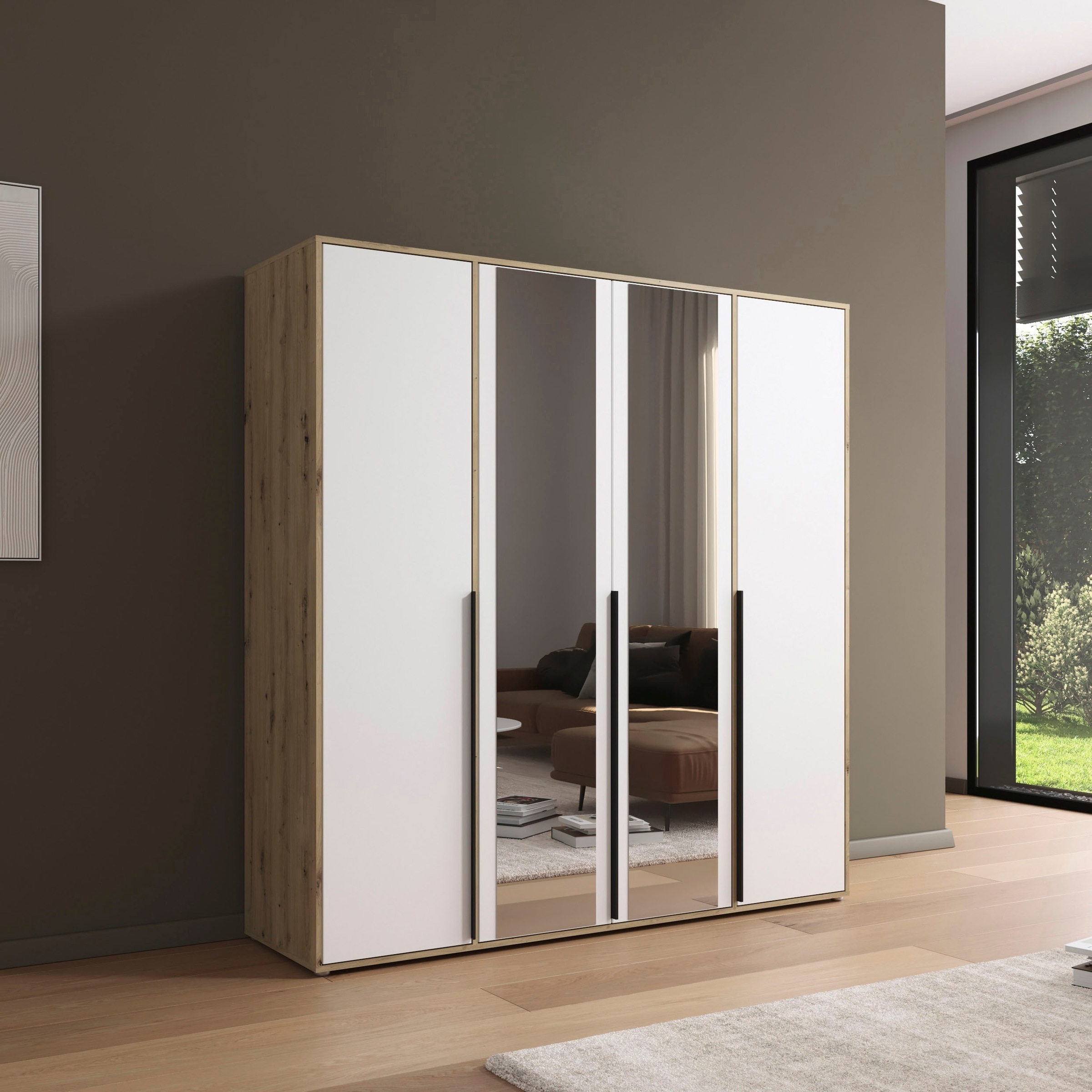rauch Drehtürenschrank »Kleiderschrank Schrank Garderobe Wäscheschrank NAGATA mit Spiegel«, (in 3 verschiedenen Ausstattungen BASIC/CLASSIC/PREMIUM), und modernen Stangengriffen in Graumetallic TOPSELLER MADE IN GERMANY