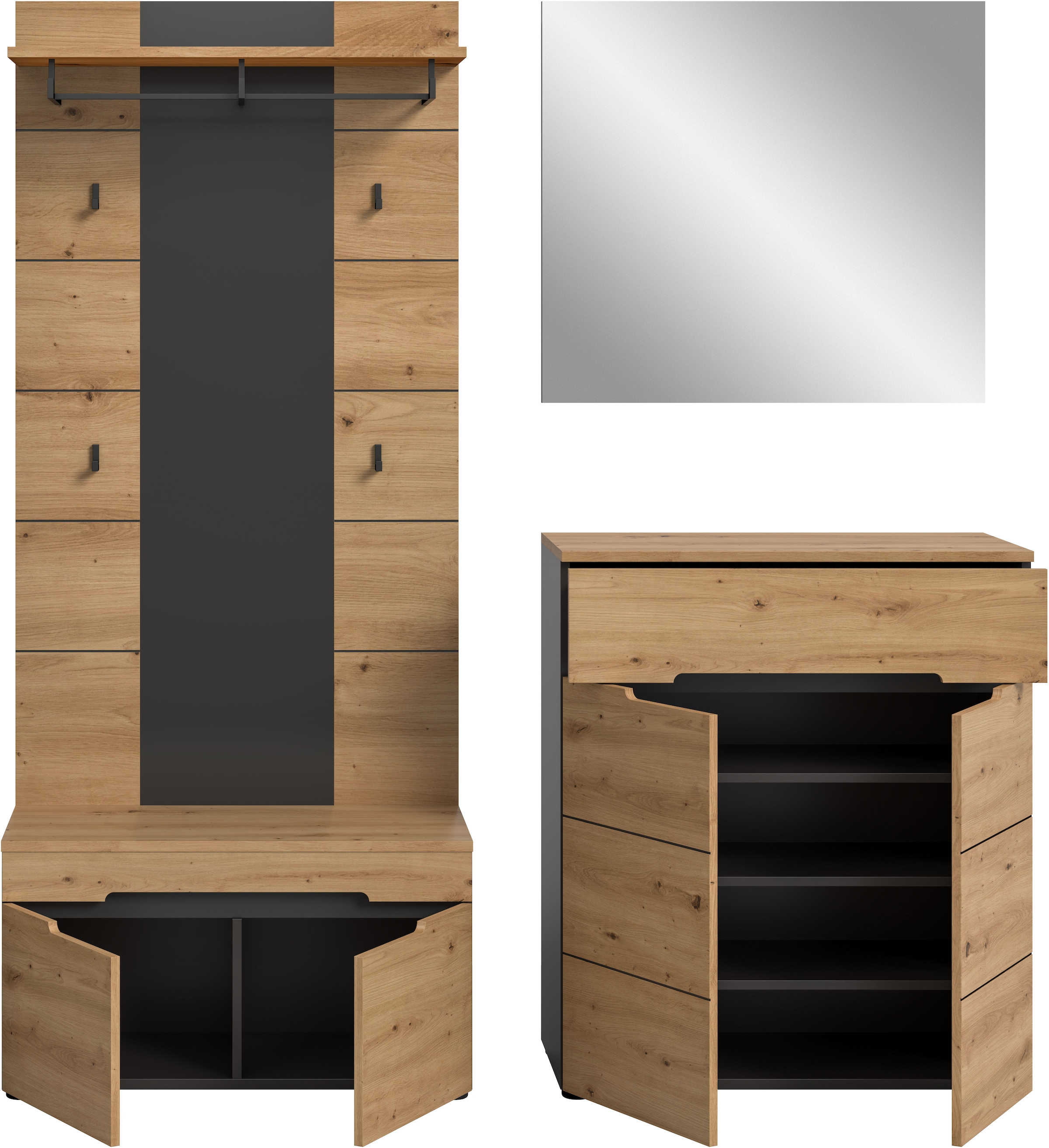 INOSIGN Garderoben-Set »REHAT, TOPSELLER!, 4-teilig, Breite 175 cm, individuell erweiterbar« Set, bestehend aus: Sitzbank, Paneel, Spiegel und Kommode, 4 Stk. tlg.