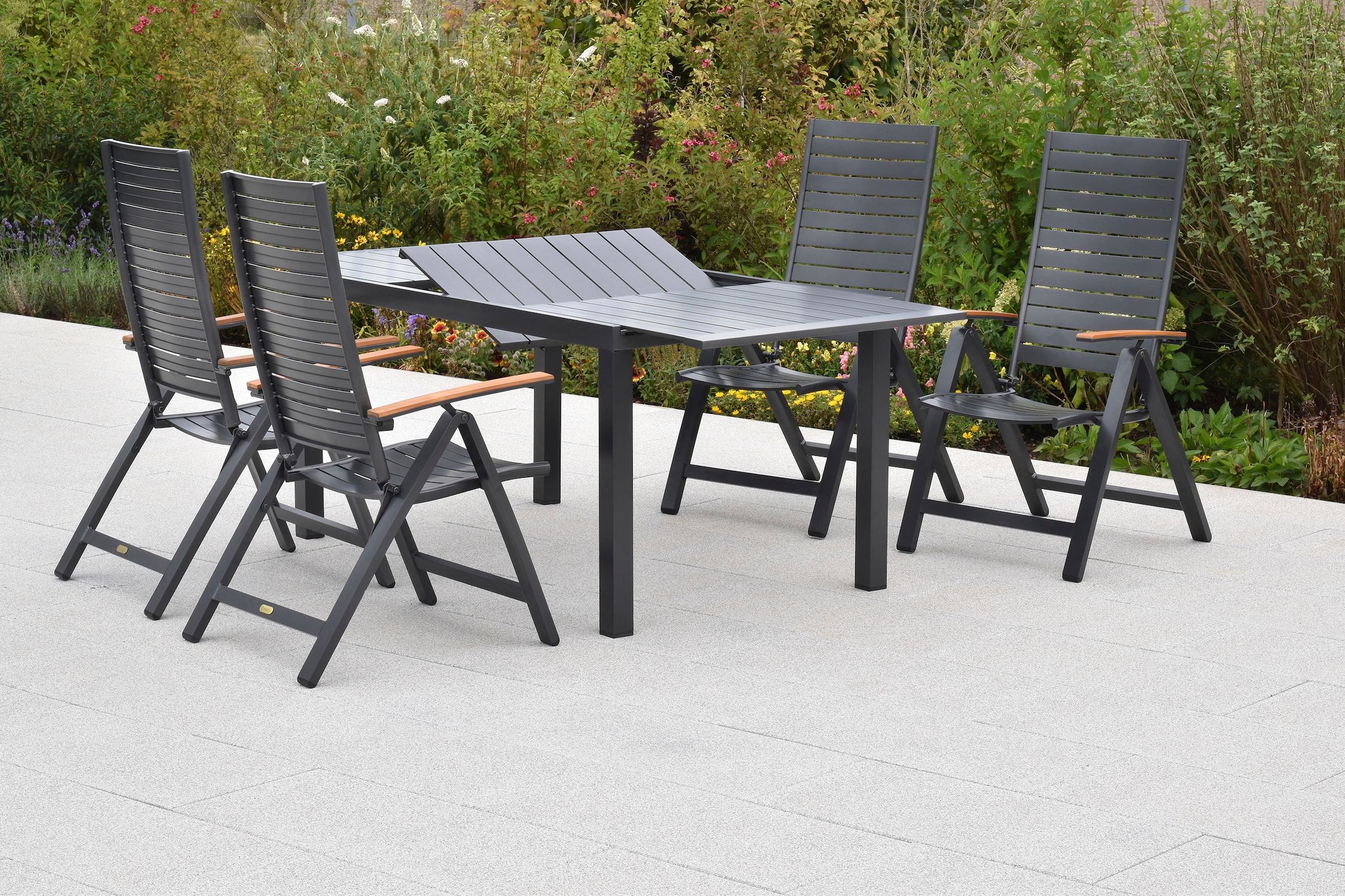 MERXX Garten-Essgruppe »»Astros««, (Set, 5 tlg., Tischplatte aus Aluminium, Armlehnen aus Akazienholz), Rückenlehne 5-fach verstellbar