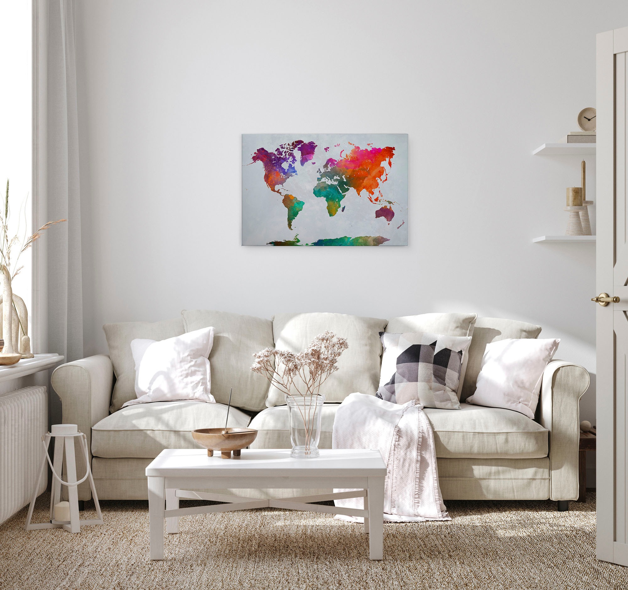 A.S. Création Leinwandbild »Global Map«, Kunst-Weltkarte-Kinder, (1 St.), Atlas Weltkarte Bunt Aquarell Keilrahmen Leinwand-Bild Wohnzimmer Wand