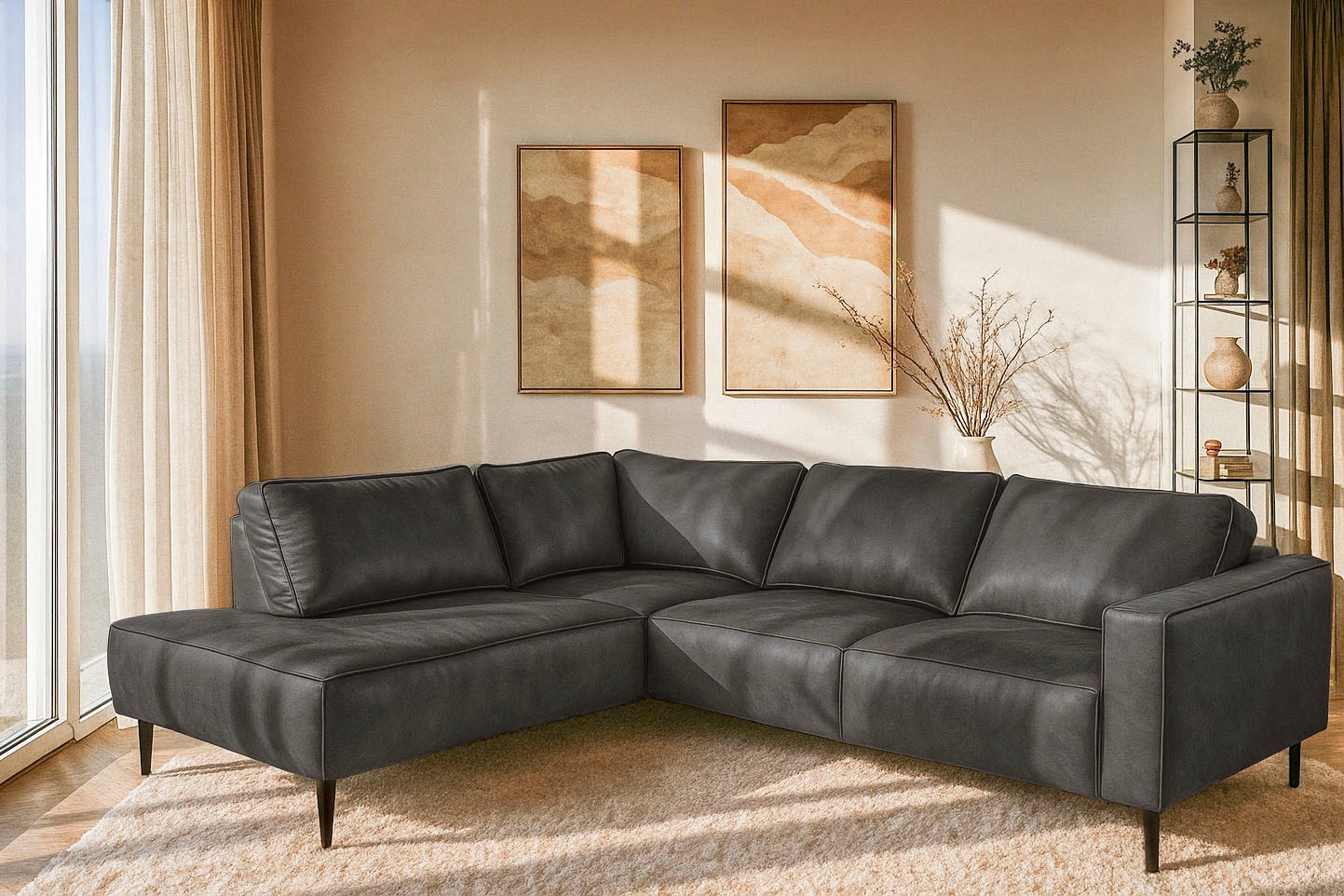OTTO home Ecksofa "Fumone, Lederoptik oder Soft-Touch Chenille" Breite 260, mit schwarzen Massivholzfüßen