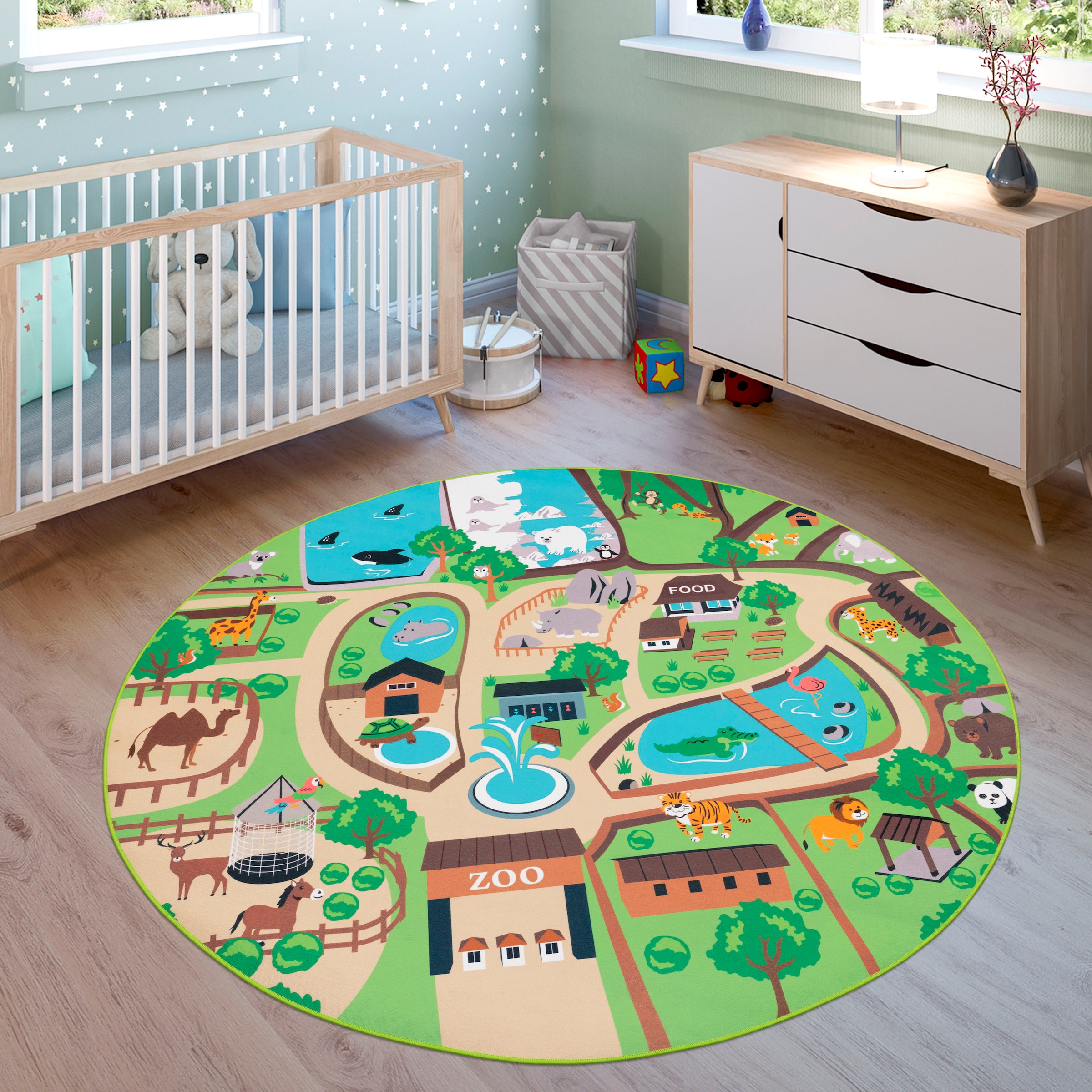 Paco Home Kinderteppich "Bino 563", rund, 4 mm Höhe, Kurzflor, Straßen-Spiel-Teppich, Motiv Zoo, Kinderzimmer