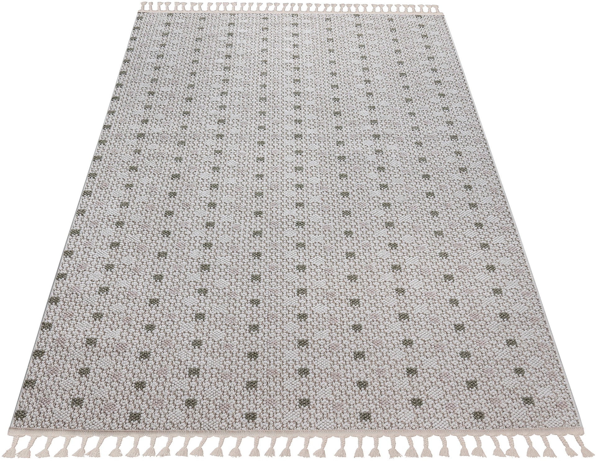 Bruno Banani Teppich »Dotty«, rechteckig, 6 mm Höhe, Woll-Optik, Hoch-Tief Struktur, In- und Outdoor geeignet, mit Fransen