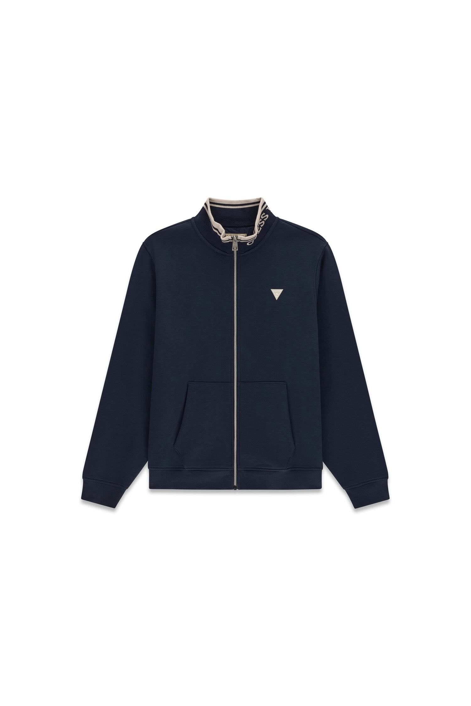 Guess Sweatjacke »FULL ZIP-UP TRUCKER« Stehkragen mit GUESS-Schriftzug, Kängurutasche