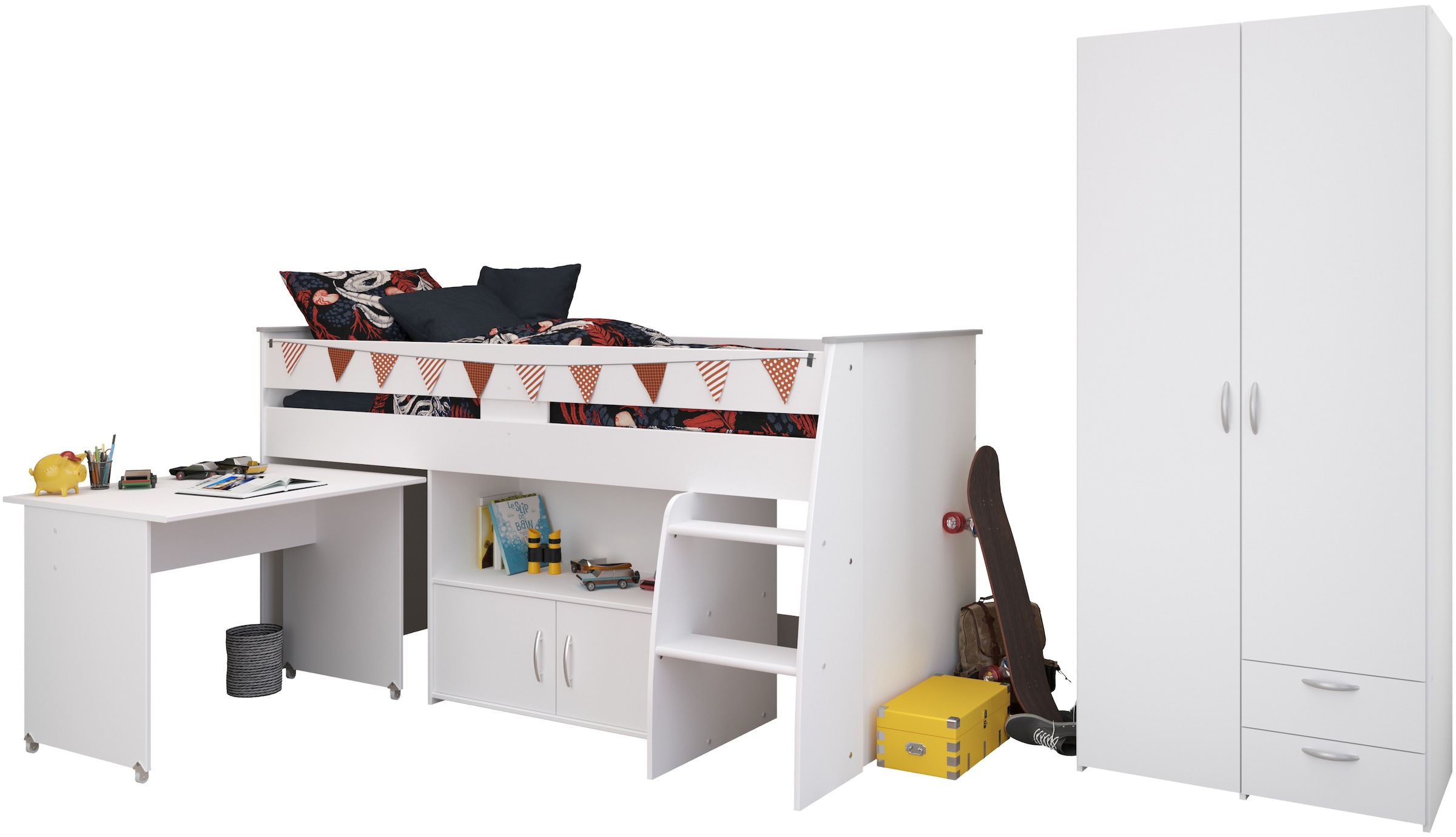 Parisot Jugendzimmer-Set »Reverse 12«, (2 tlg., Hochbett mit Schreibtisch und Kommode + Kleiderschrank, 2-türig), viel Stauraum, platzsparend, Schreibtisch und Kommode integriert
