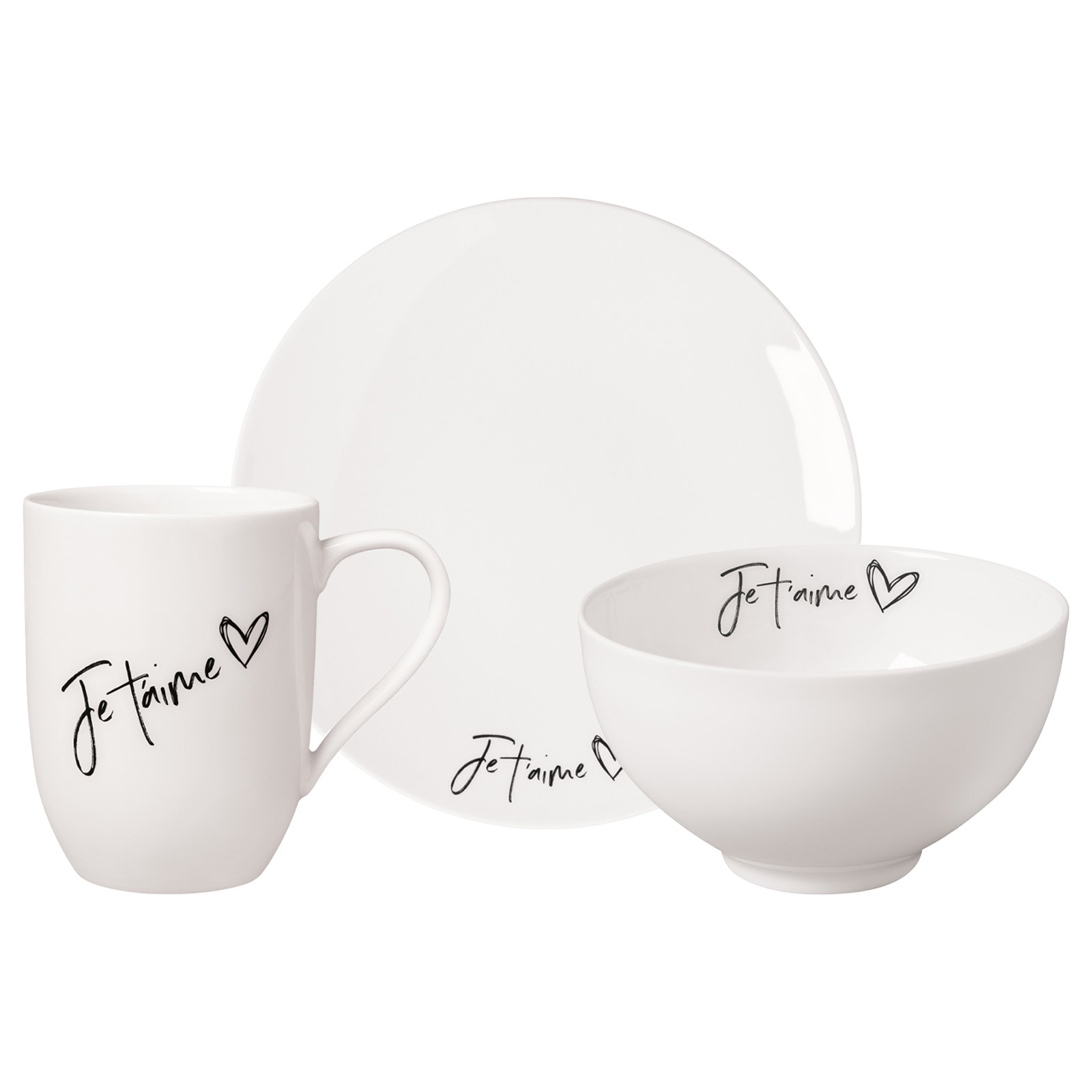 Villeroy & Boch Geschirr-Set "Frühstücks-Set Je taime Statement 3er Set weiß" Spülmaschinengeeignet, Mikrowellengeeignet