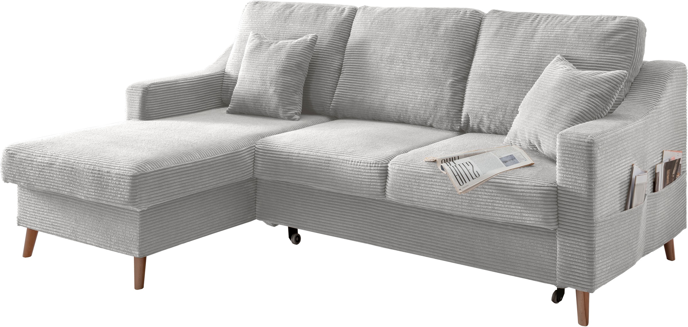 INOSIGN Ecksofa »Valentina L-Form«, 2 Zierkissen, mit Seitentasche, ausziehbarer Liegefläche, Bettkasten