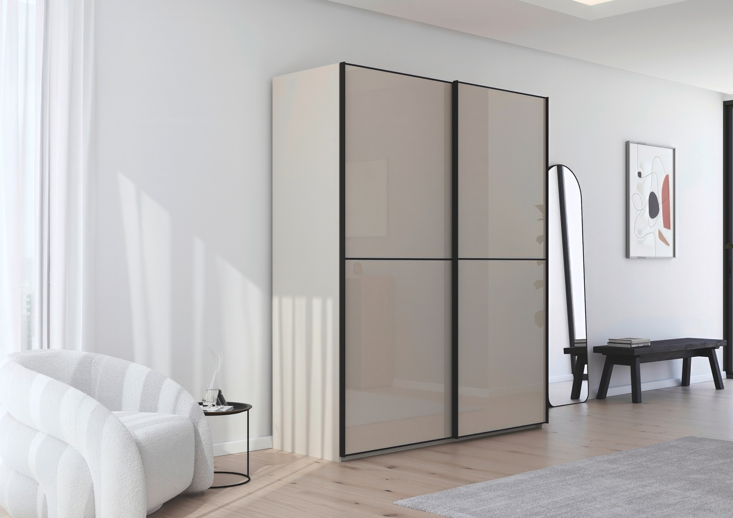 rauch Schwebetürenschrank »Kleiderschrank Schrank Garderobe Schlafzimmerschrank SCALE-DUO« edle zweigeteilte Türen Glas-Front mit 3 Zierleisten MADE IN GERMANY