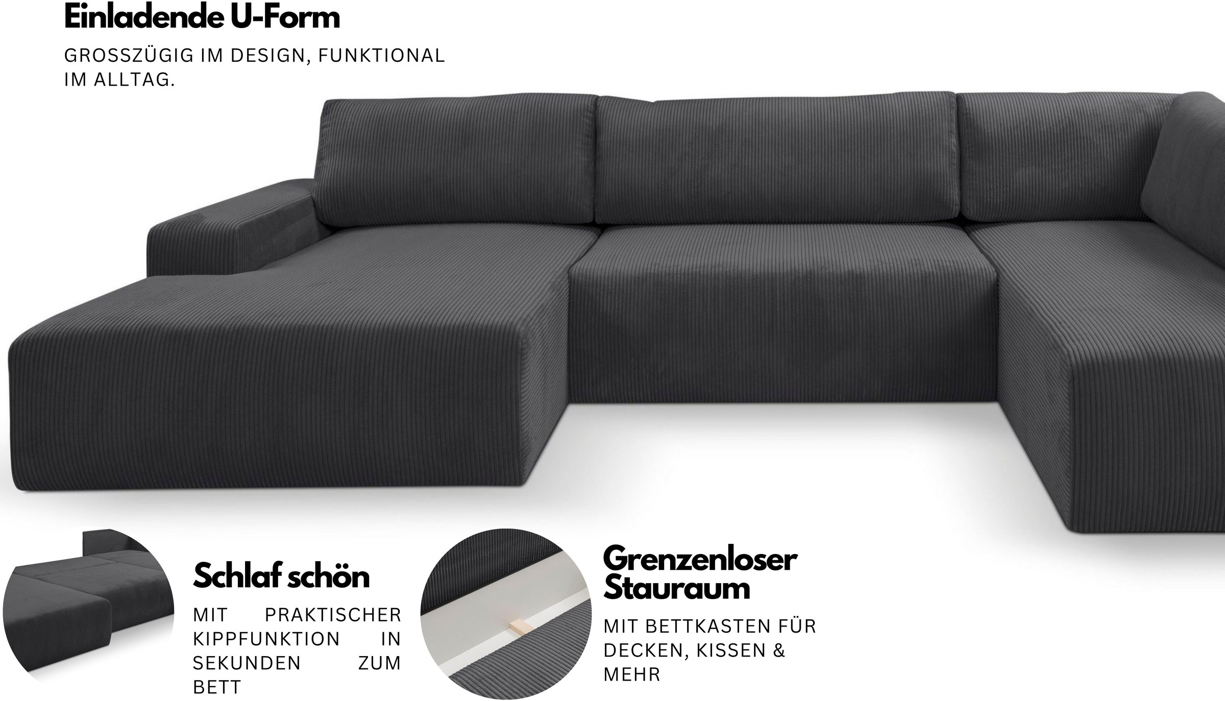 Thumbnail - WERK2 Wohnlandschaft "Rotterdam, U-Form, in kuschelweichem Cord oder Breitcord. Breite 329cm" Design Sofa mit Schlaffunk...