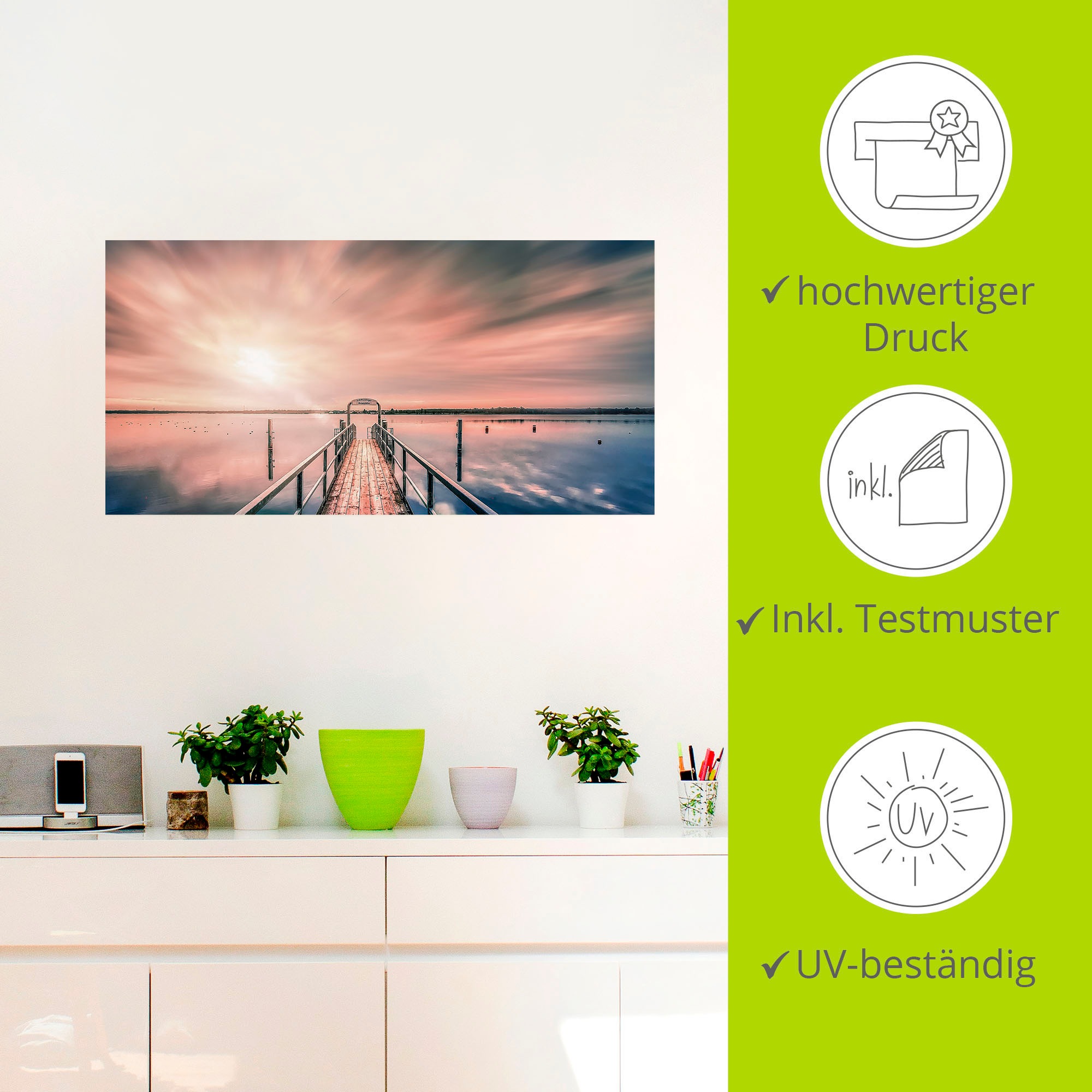 Artland Wandbild »Steg im Sonnenlicht mit Wolken«, Bilder vom Sonnenuntergang & -aufgang, (1 St.), in vielen Größen & Produktarten , Alubild, Leinwandbild, Poster, Wandaufkleber