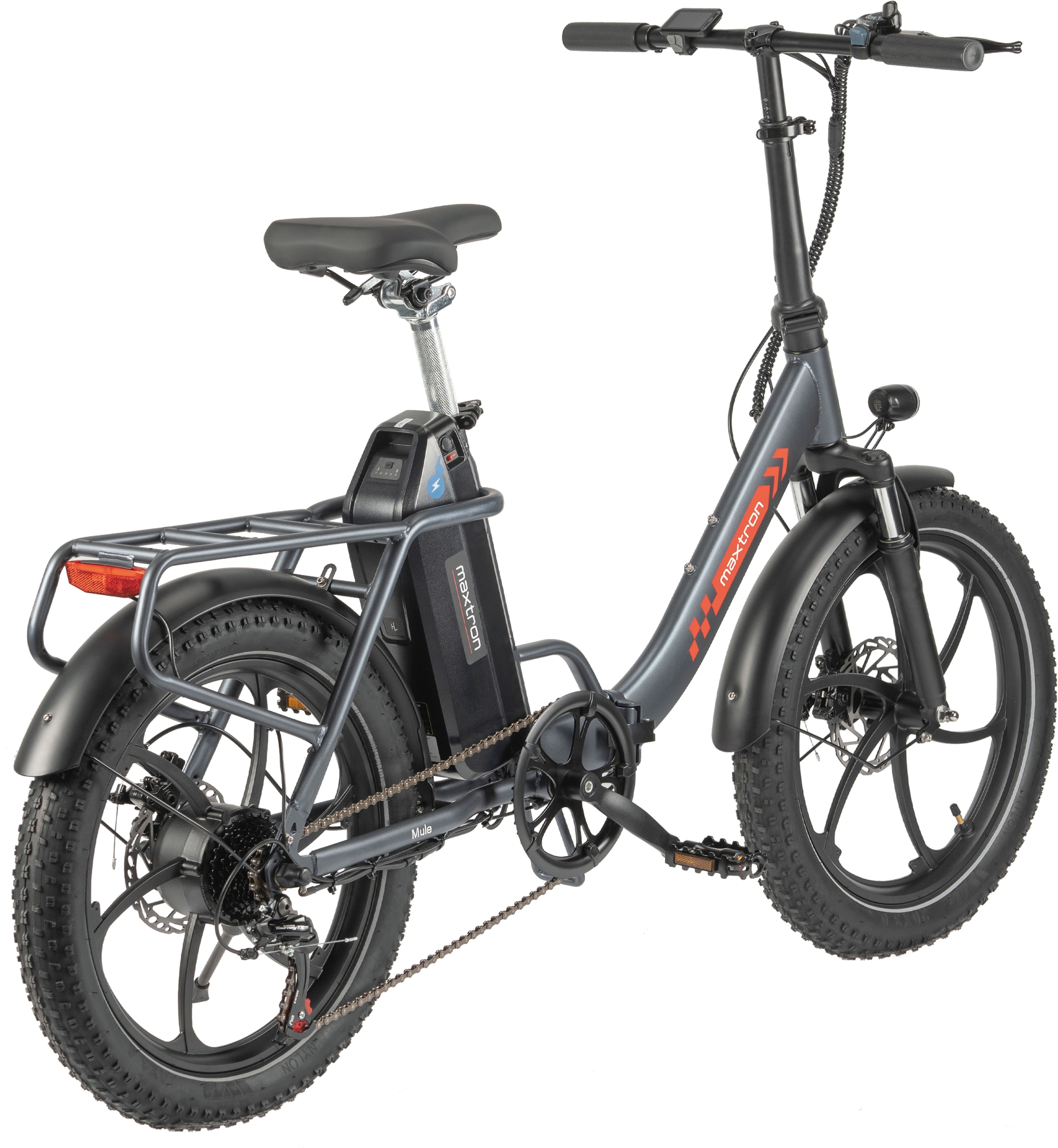 Maxtron »Maxtron MULE Klapprad« 7 Gang Shimano ALTUS Schaltwerk Kettenschaltung 250 W Packung,  Stadt & Abenteuer: 20" Fatbike mit XXL 20Ah Akku.