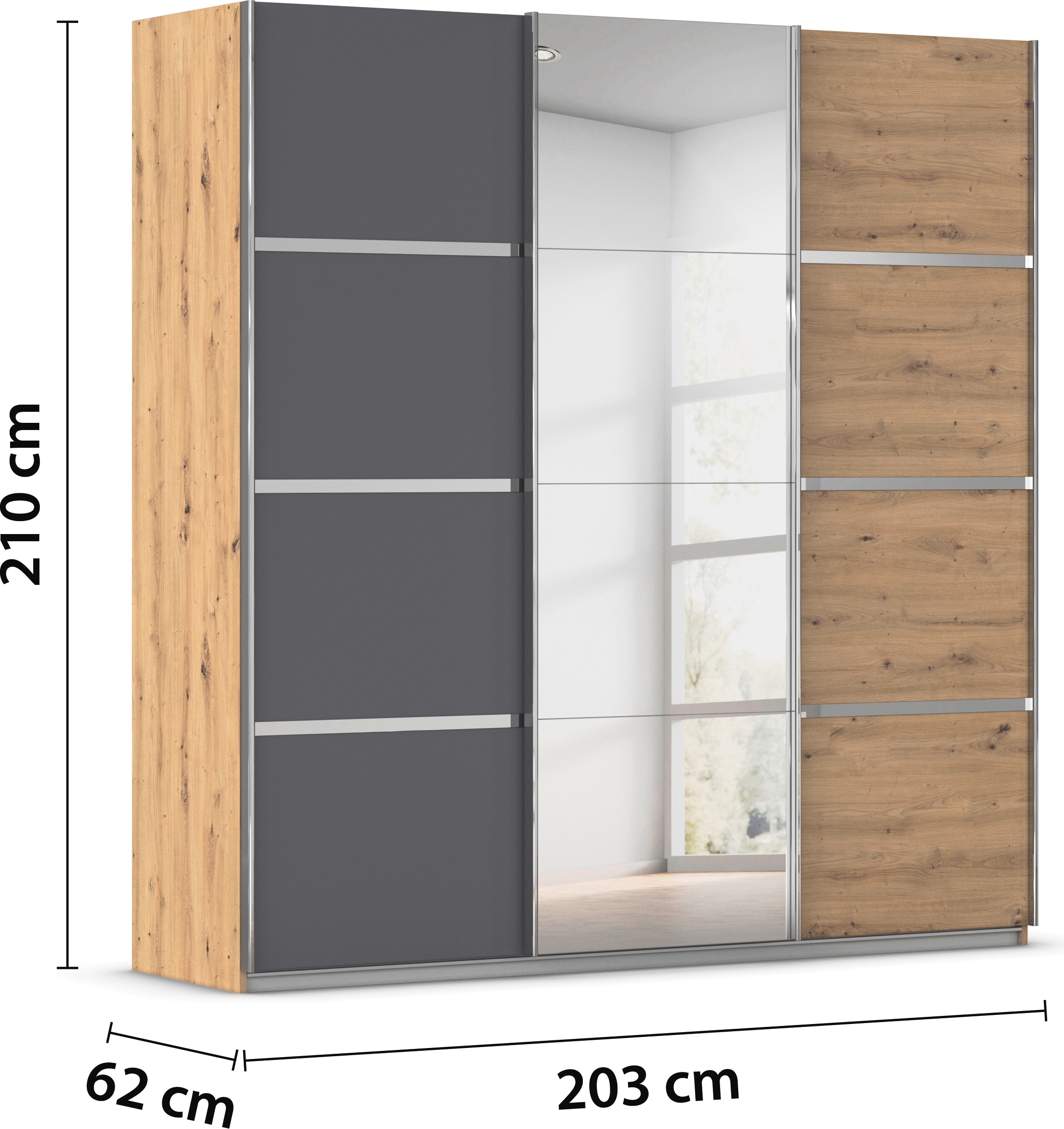 rauch Kleiderschrank »Schwebetürenschrank Garderobe Schrank TOP ANGEBOT Avola«, (in 3 verschiedenen Ausstattungen BASIC/CLASSIC/PREMIUM inkl. Spiegel), mit eleganten Zierleisten in Chrom, Schwarz oder Weiß MADE IN GERMANY
