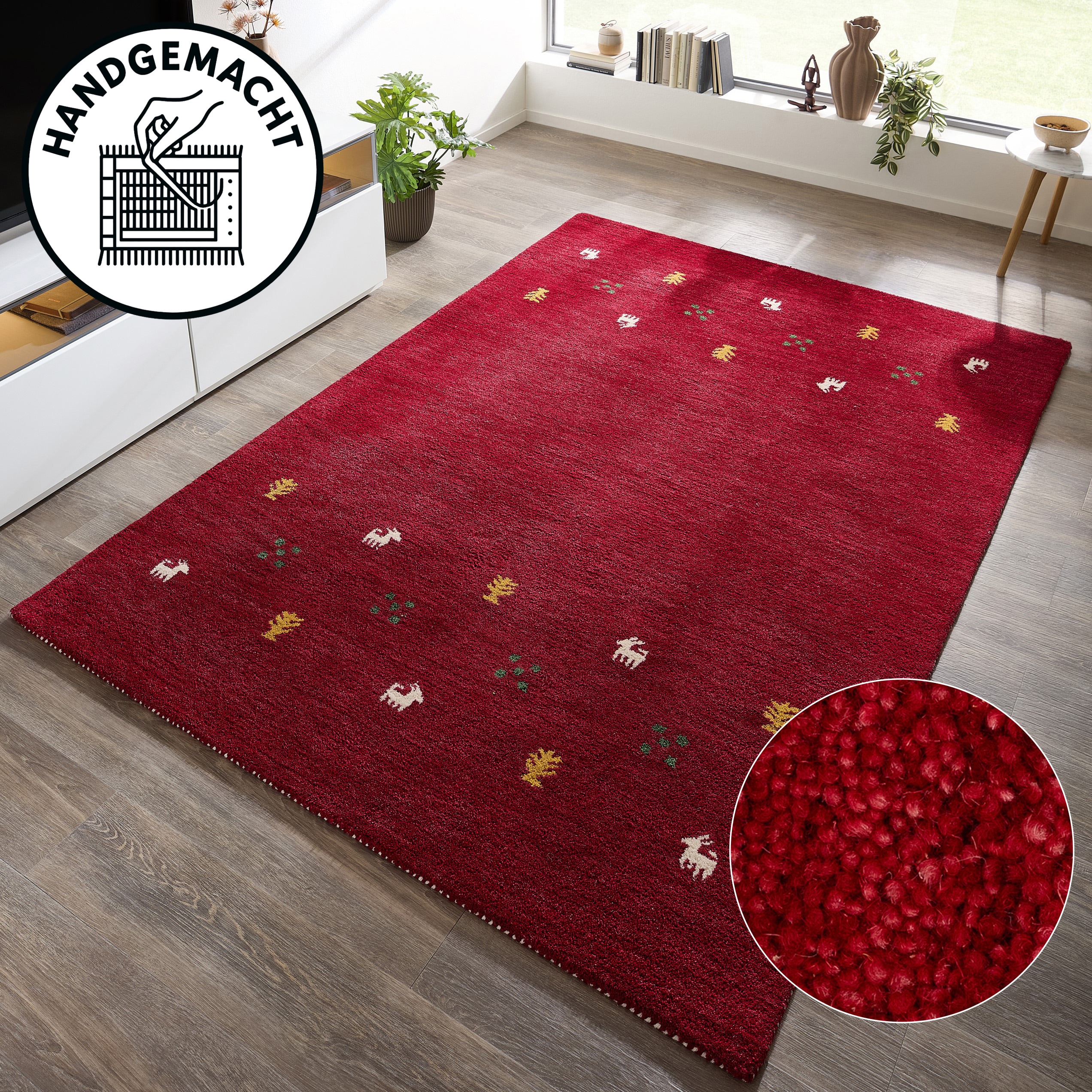THEKO Wollteppich "Gabbeh Motiv, Handgefertigt, Teppich, Tiermotiv, reine Wolle" rechteckig 14 mm Höhe reine Wolle, Wohnzimmer, Schlafzimmer, Esszimmer