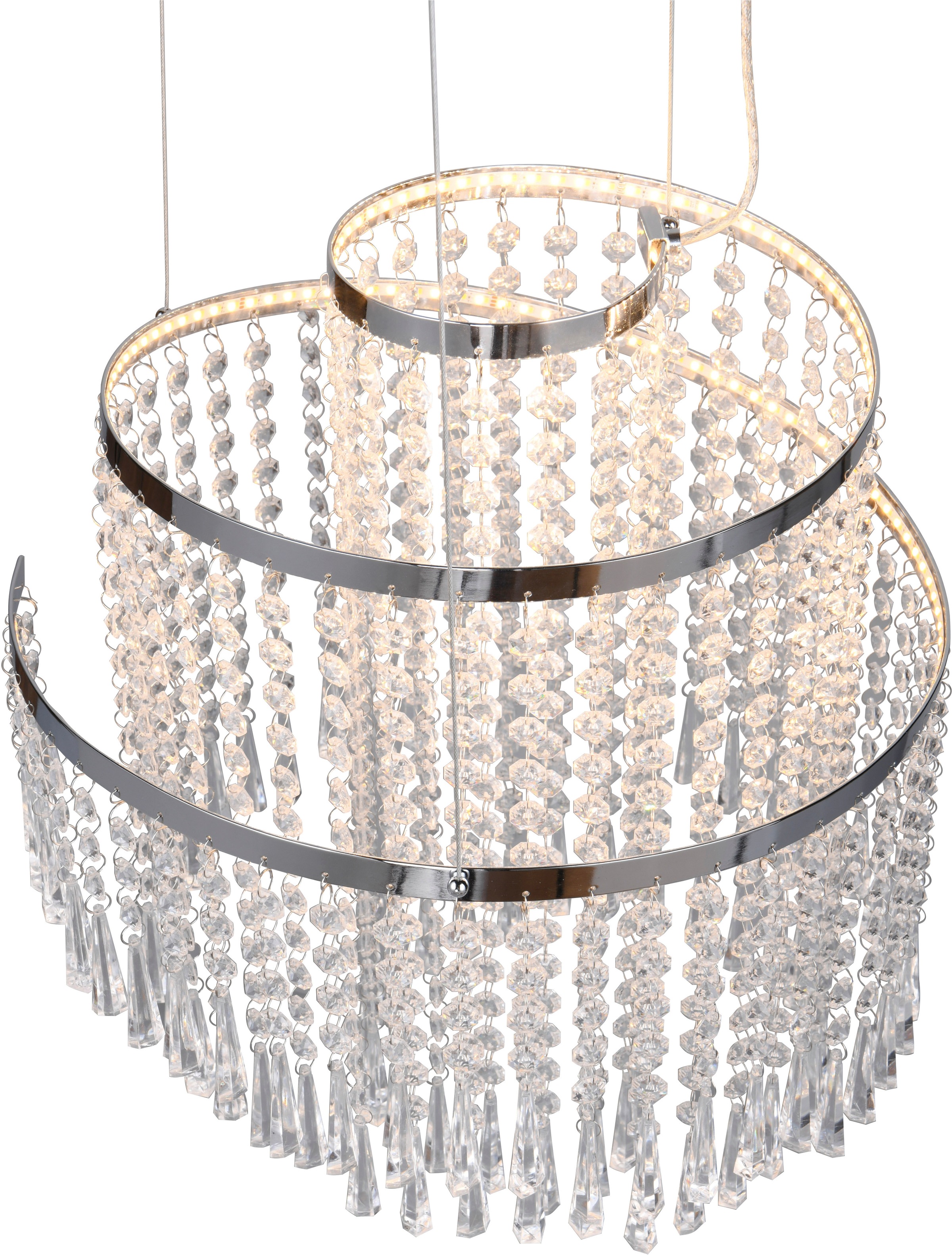 REALITY Leuchten LED Pendelleuchte »POMP, Kronleuchter chromfarbig mit Acryl Behang Ø 38cm Höhe 150 cm« LED-Board 1 Stk. Farbwechsler | warmweiß - kaltweiß LED Hängelampe 30W 4300 Lumen CCT 2700-6500K dimmbar mit Fernbedienung