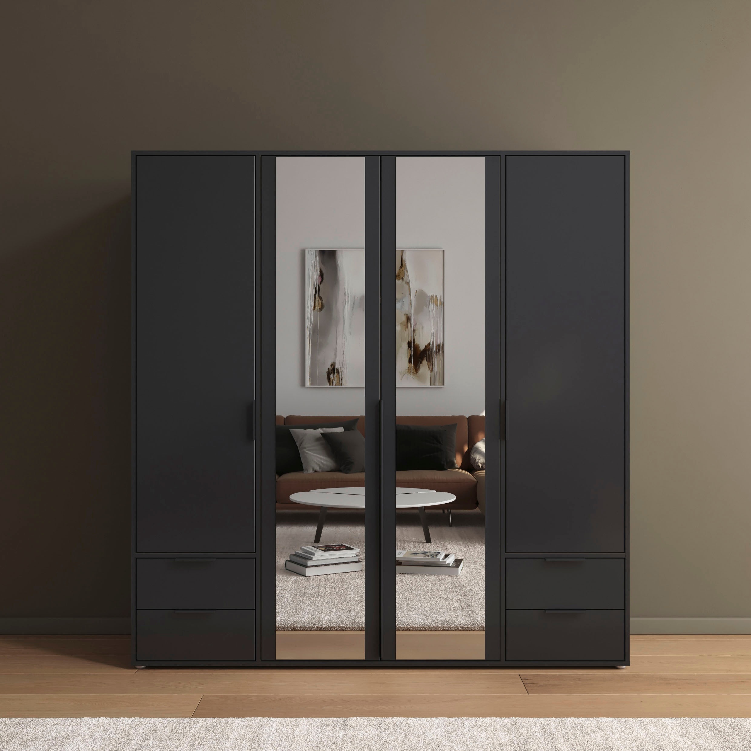 rauch "Kleiderschrank Schrank Garderobe Wäscheschrank NAGATA mit Spiegel" in 3 verschiedenen Ausstattungen BASIC/CLASSIC/PREMIUM, und Schubladen sowie Stangengriffen TOPSELLER MADE IN GERMANY