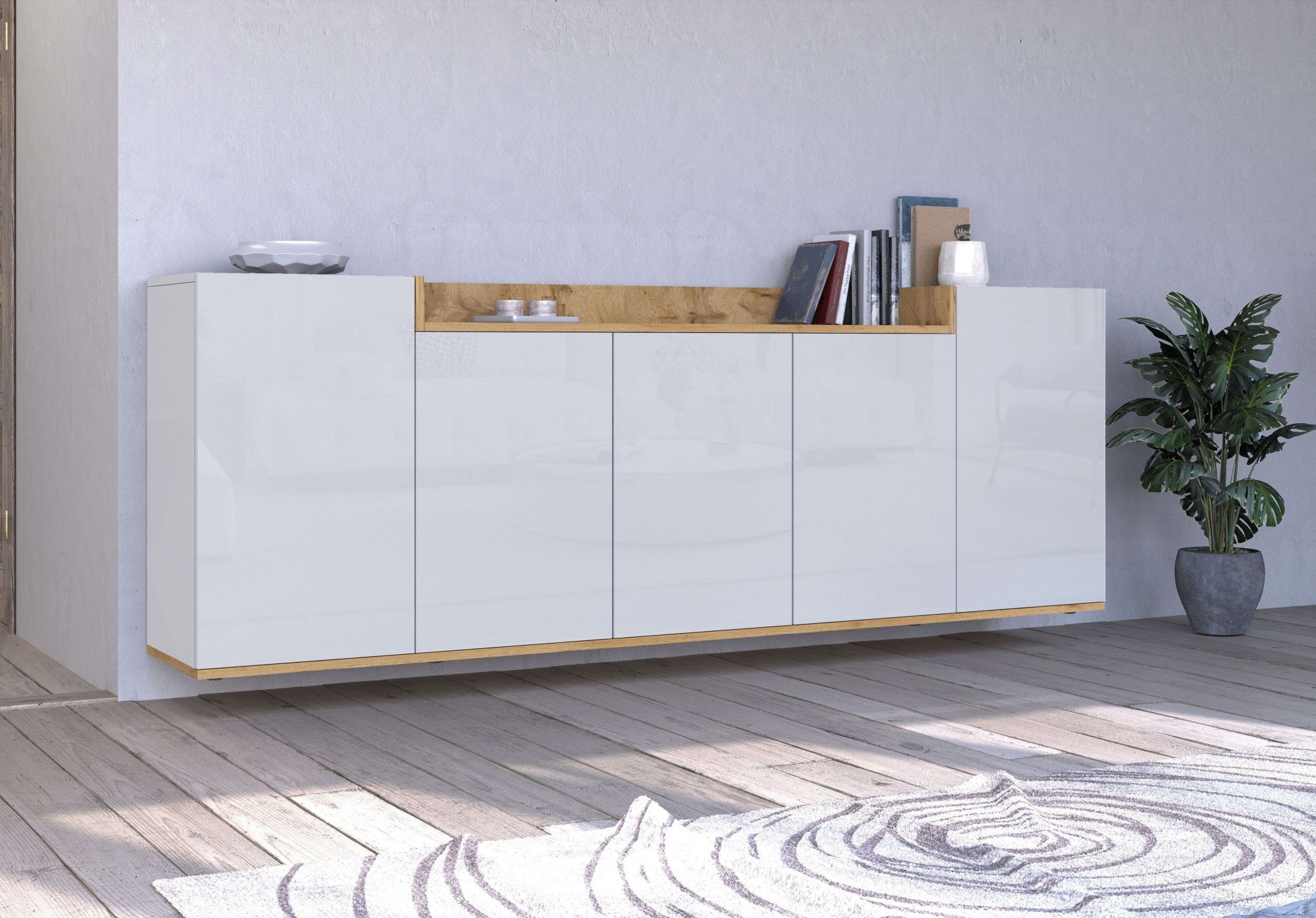 OTTO home Sideboard »BOLSENA, Kommode, Schrank,Lowboard mit 8 Fächer und offenes Ablagefach« 1 Stk. tlg. Breite 200 cm,stehend/hängend,Fronten Hochglanz lackiert,Made in Italy