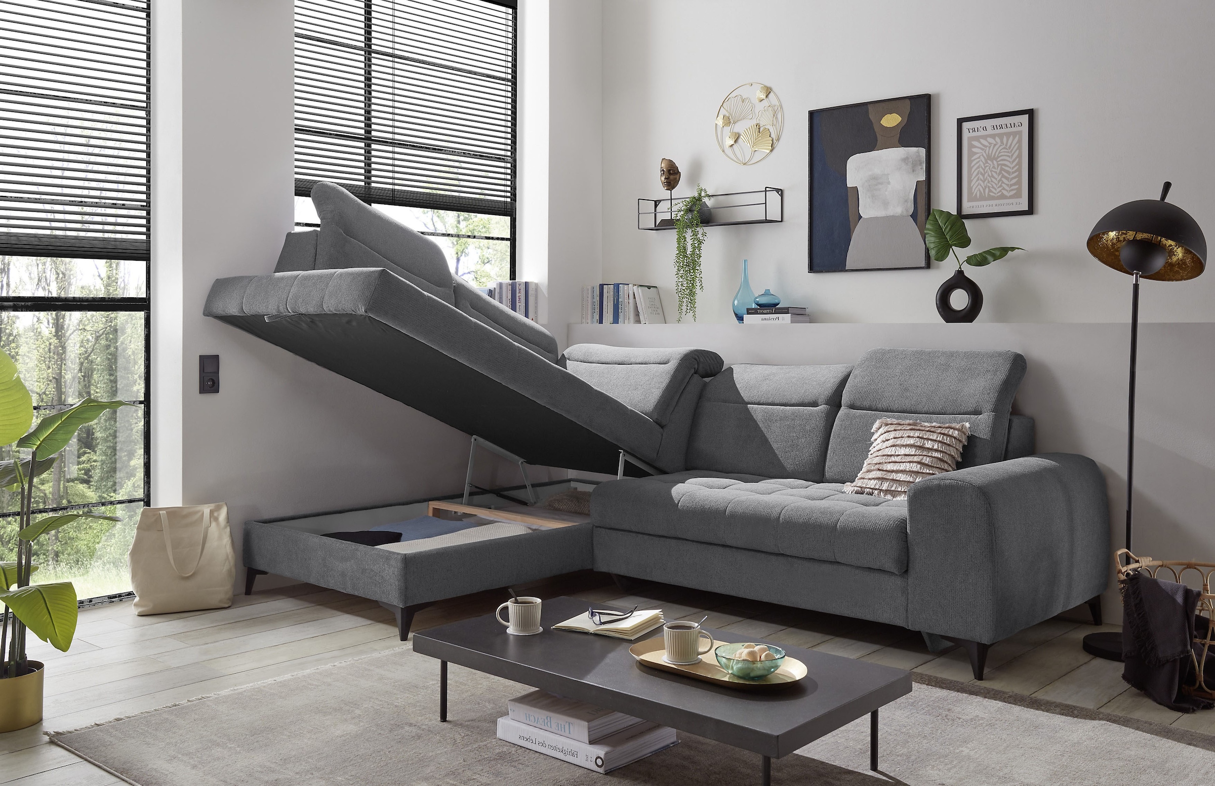 ED EXCITING DESIGN Ecksofa »Rockdale L-Form mit Bettfunktion, Bettkasten«, Kopfteilverstellung, Sitztiefenverstellung & USB-Port